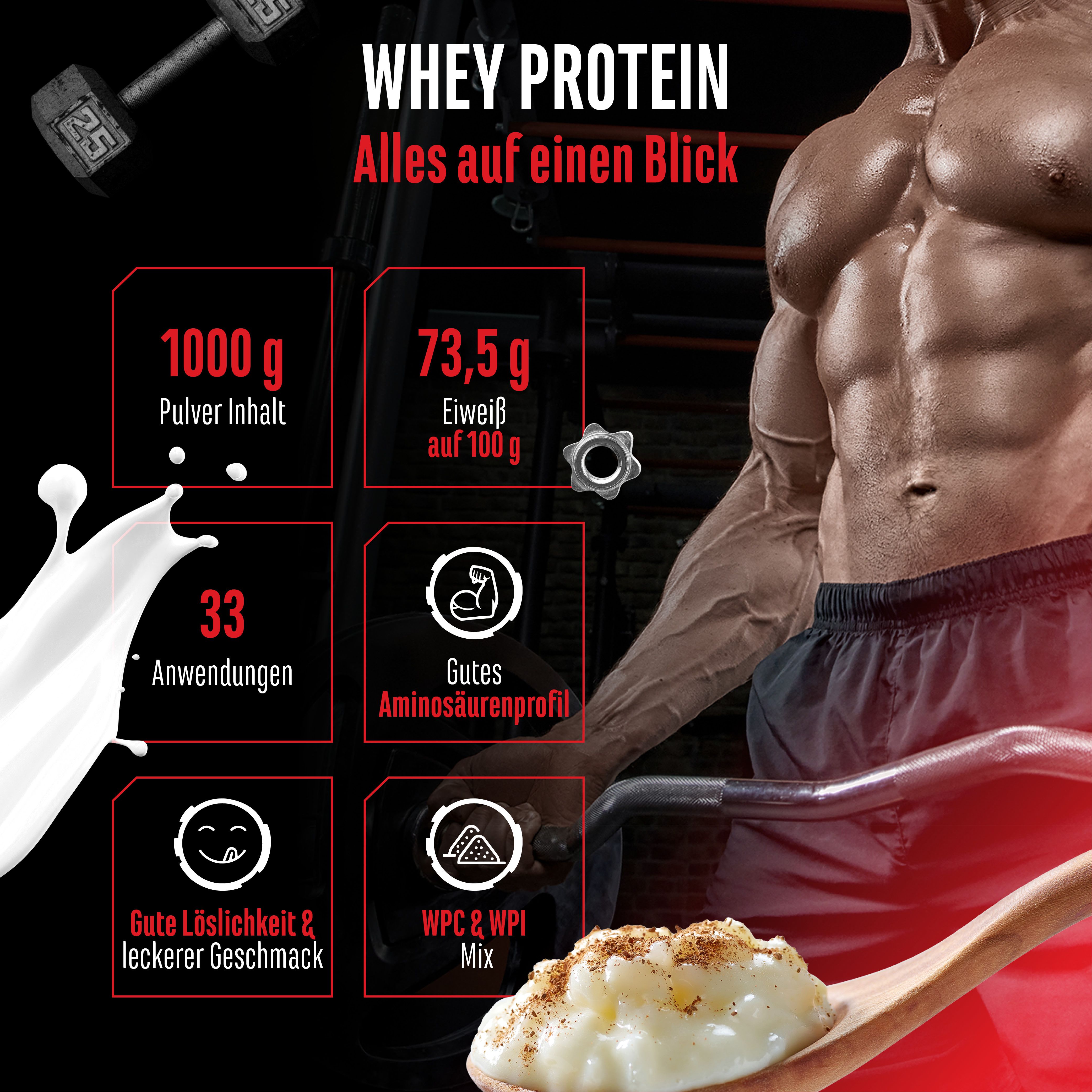 Werbebild mit muskulösem Mann. Text: „WHEY PROTEIN“. Angaben: 1000g Pulver, 73,5g Eiweiß, 33 Anwendungen, Aminosäurenprofil.