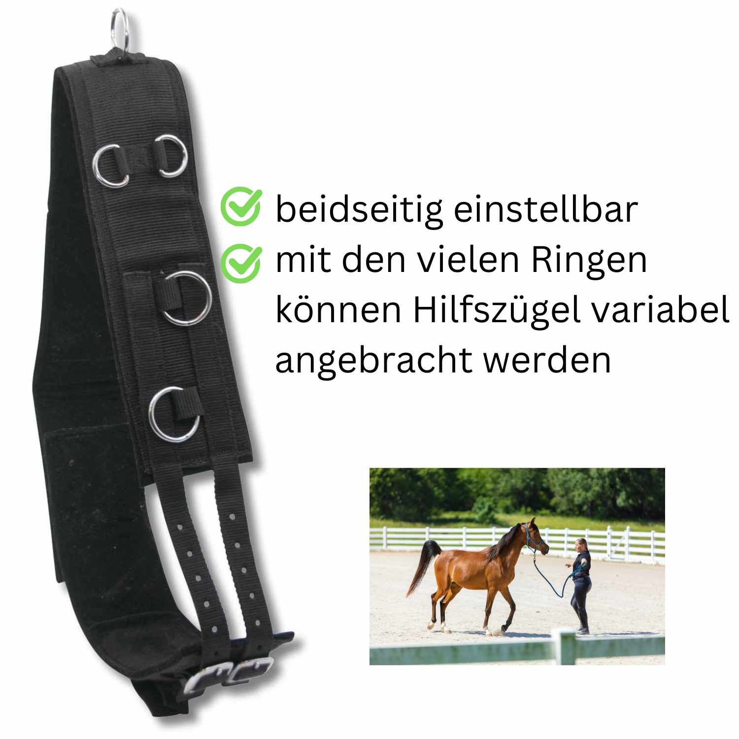 Schwarzer Longiergurt mit Text, Pferd und Person. Text: beidseitig einstellbar, mit Ringen.