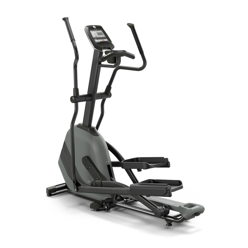 Ellipsentrainer Horizon Fitness Andes 5.1. Grau-schwarze Farbe. Mit Griffen und Pedalen. Auf weißem Hintergrund.