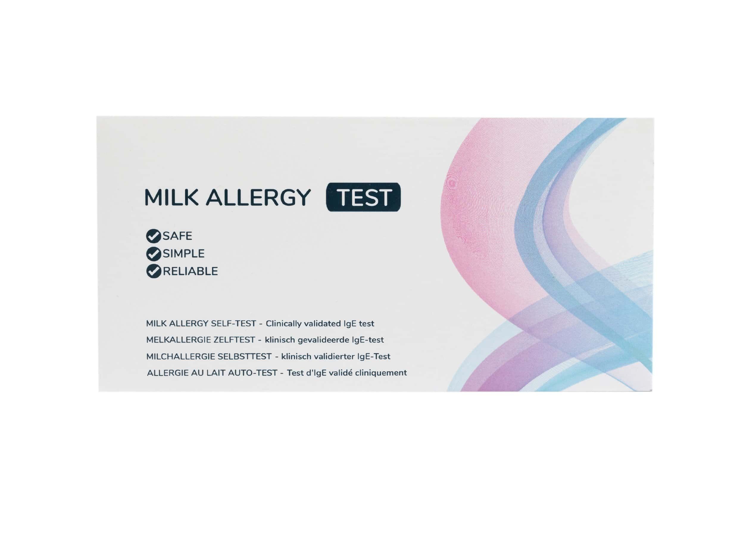 Verpackung des Milchallergie Selbsttests mit Hinweisen zu Sicherheit, Einfachheit und Zuverlässigkeit.