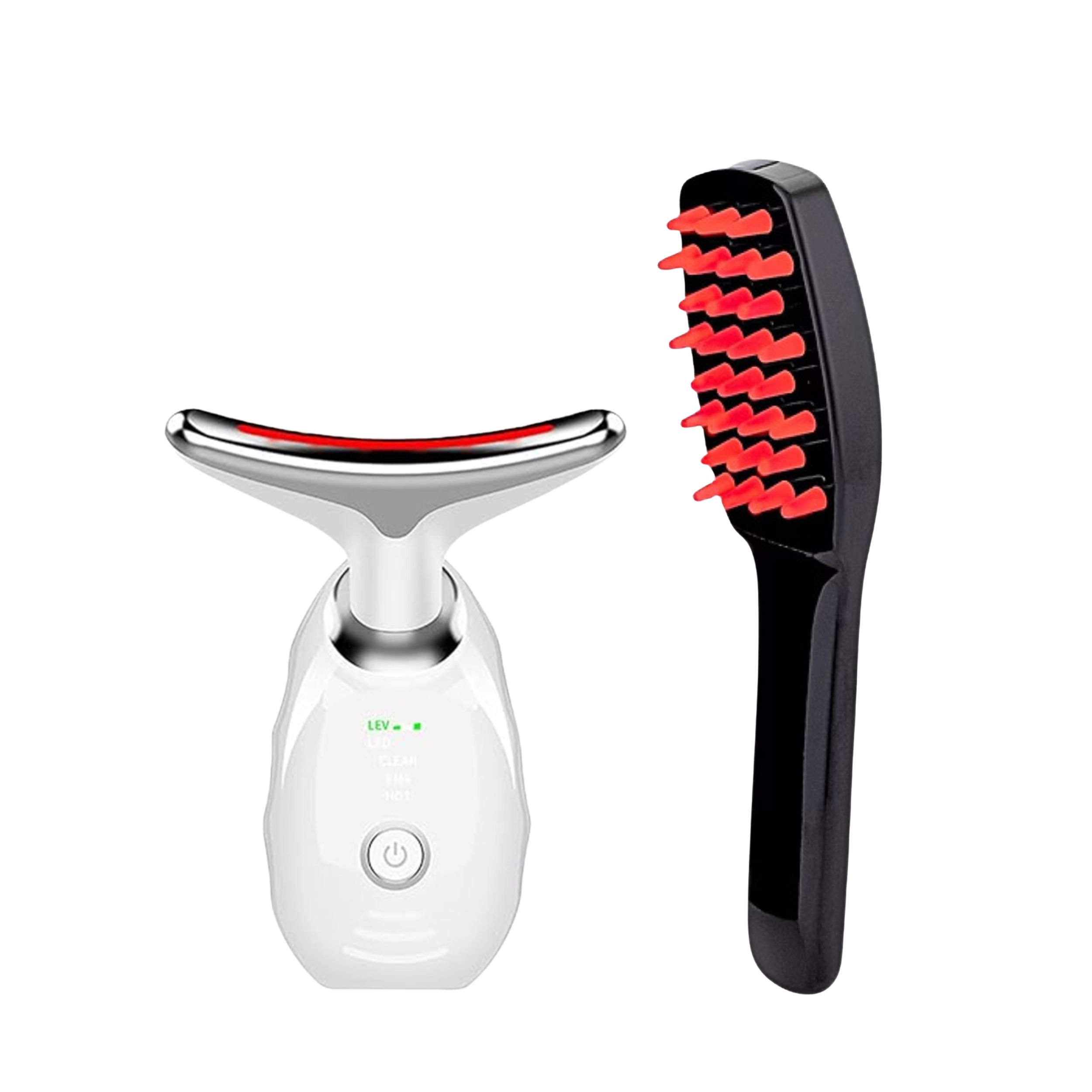 Gesichtsmassagegerät und Haarbürste. Das Massagegerät hat rotes Licht. Die Bürste hat rote Borsten. Beide Produkte sind weiß und schwarz.