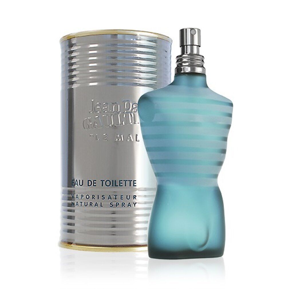 Flakon in Männerkörperform und Dose. Aufschrift: Jean Paul Gaultier, Le Male. Eau de Toilette.
