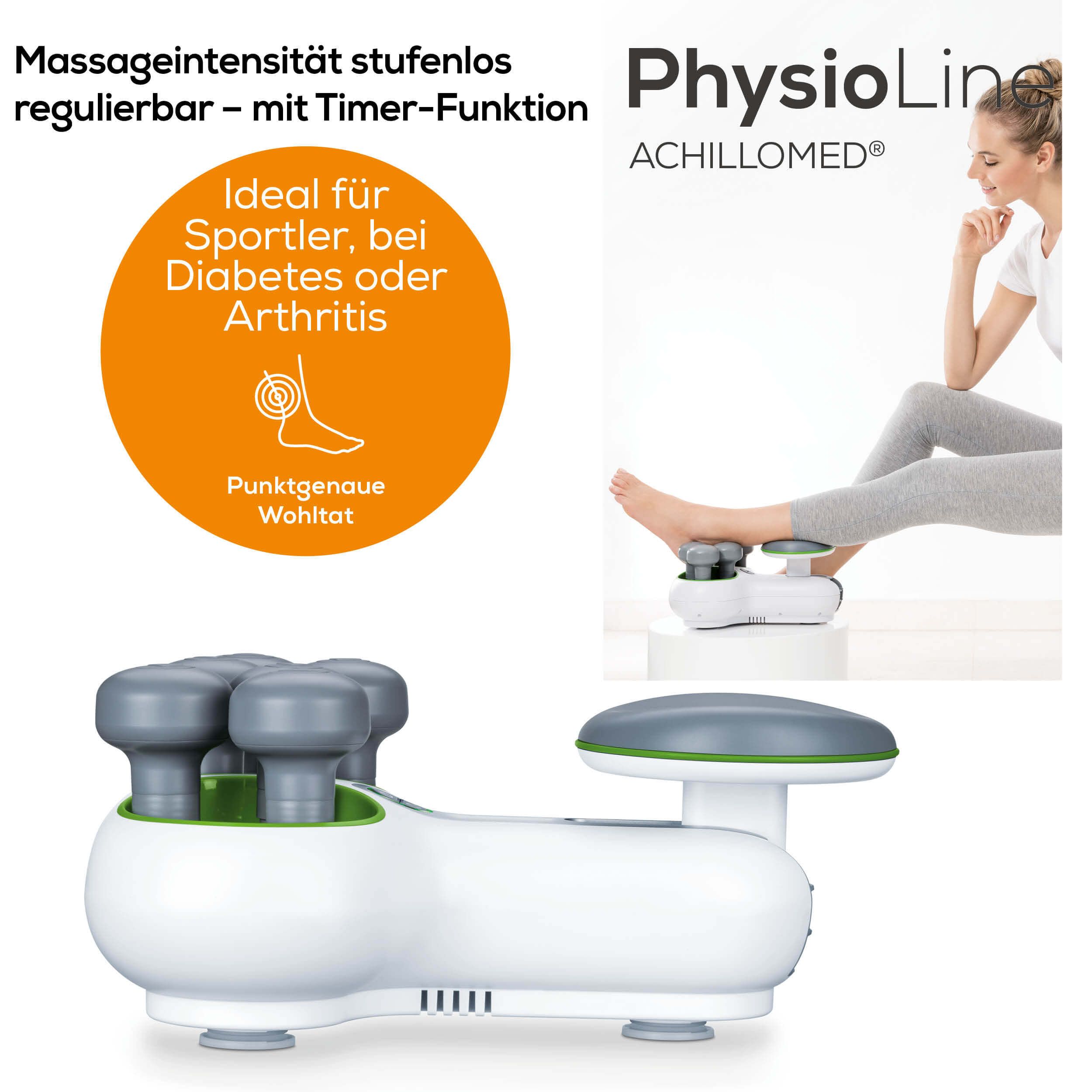 Weißes Massagegerät mit 4 Massageköpfen. Logo PhysioLine und Text: Achillomed.