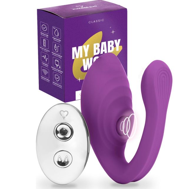 Lila Vibrator mit Fernbedienung und Verpackung, Modell 'My Baby Wow'.