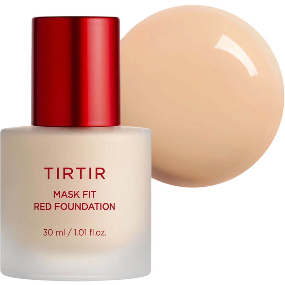 TIRTIR Mask Fit Red Foundation. Flasche mit rotem Deckel und Produkt daneben. Text: 30 ml / 1,01 fl.oz.
