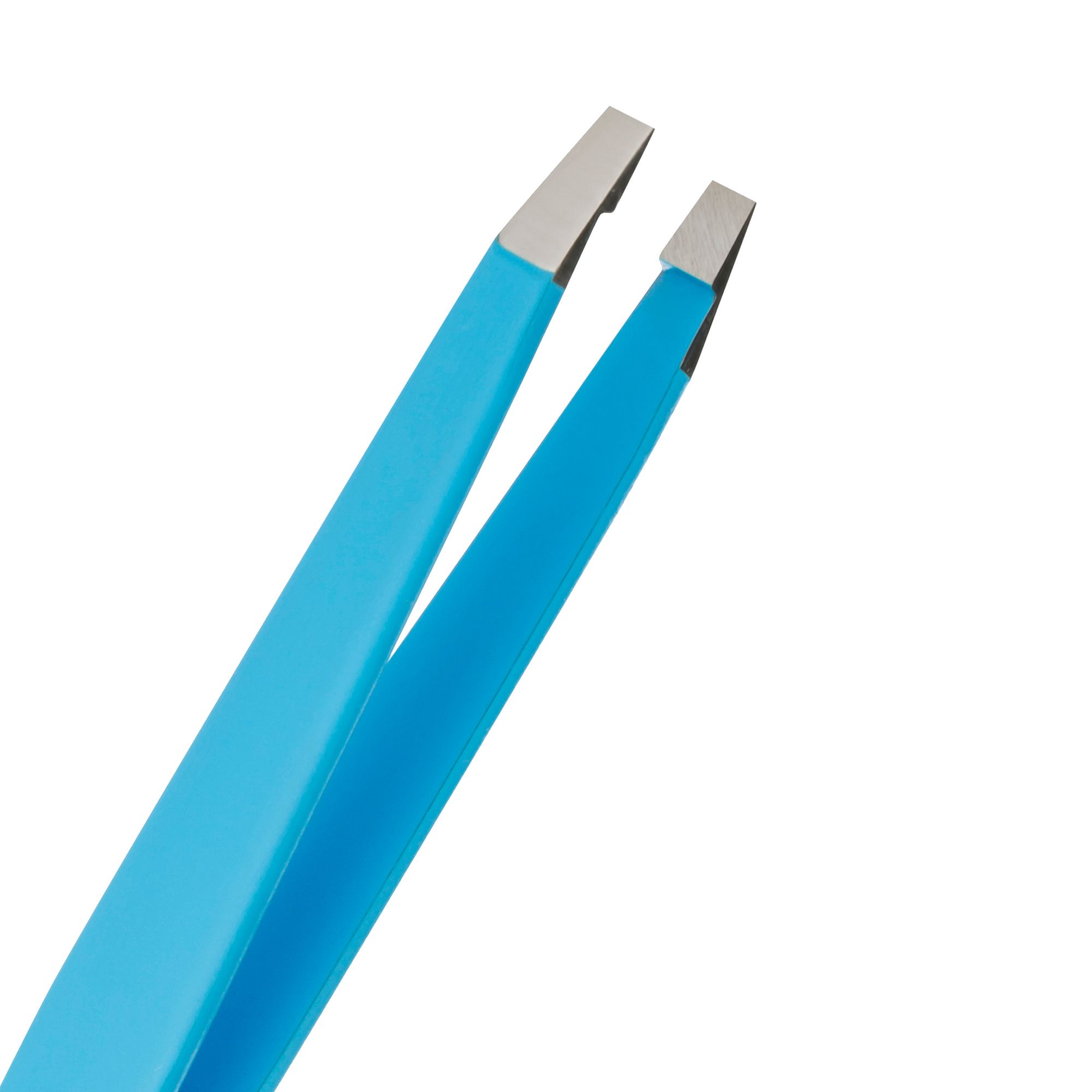 Nahaufnahme einer blauen Pinzette mit silbernen Spitzen.