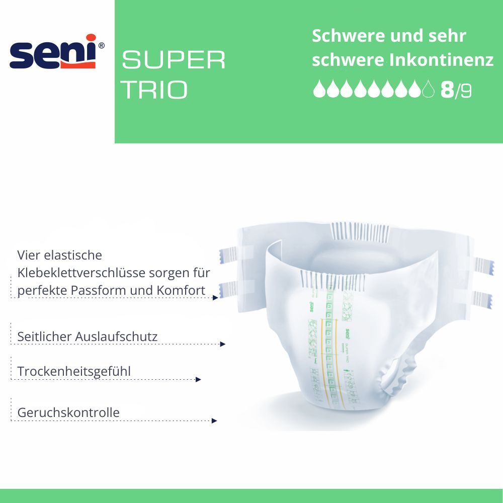 Super Seni Trio Inkontinenzhose. Produkt und Text mit Eigenschaften: Verschlüsse, Auslaufschutz, Trockenheitsgefühl, Geruchskontrolle.
