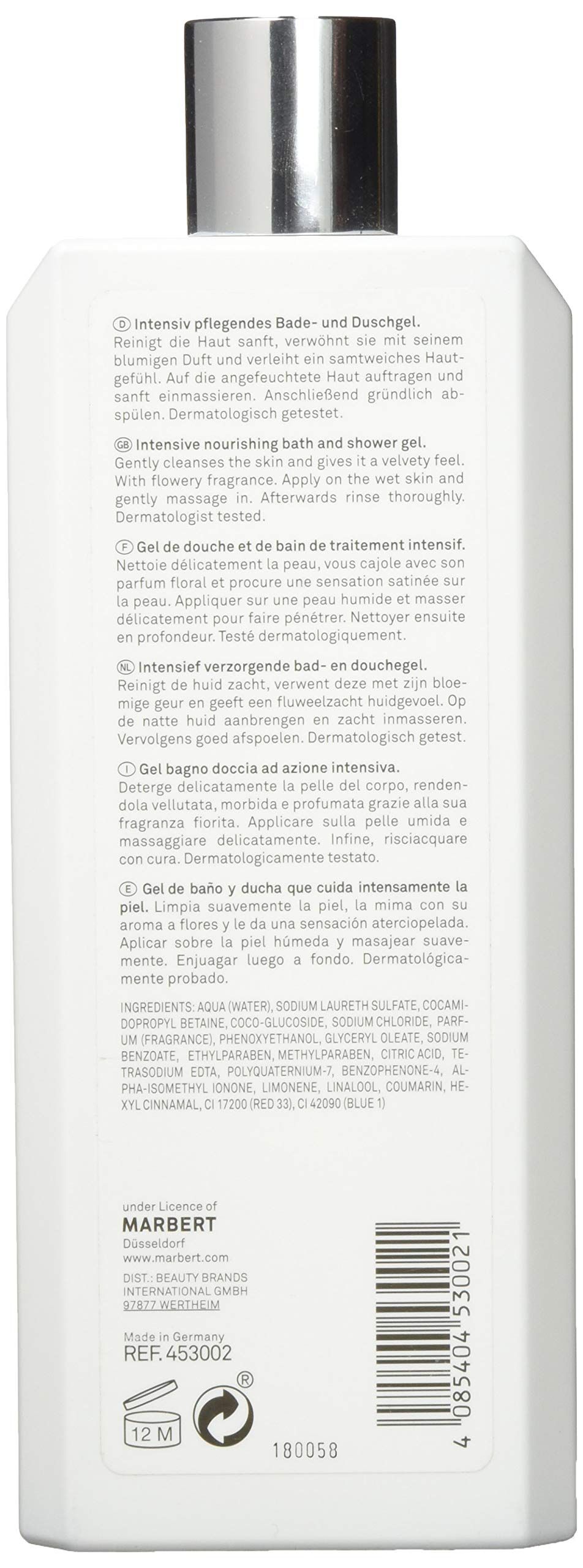 Rückseite der Flasche mit Text in mehreren Sprachen. Inhaltsstoffe, Herstellerinformationen und dermatologische Tests.