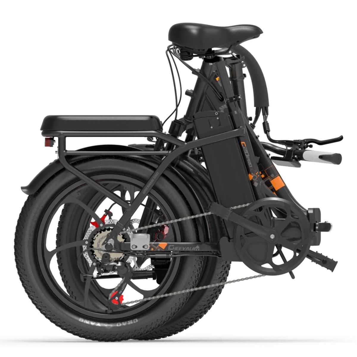 Gefaltetes schwarzes Elektrofahrrad. Räder sind übereinander. Gepäckträger und Batterie sind sichtbar.