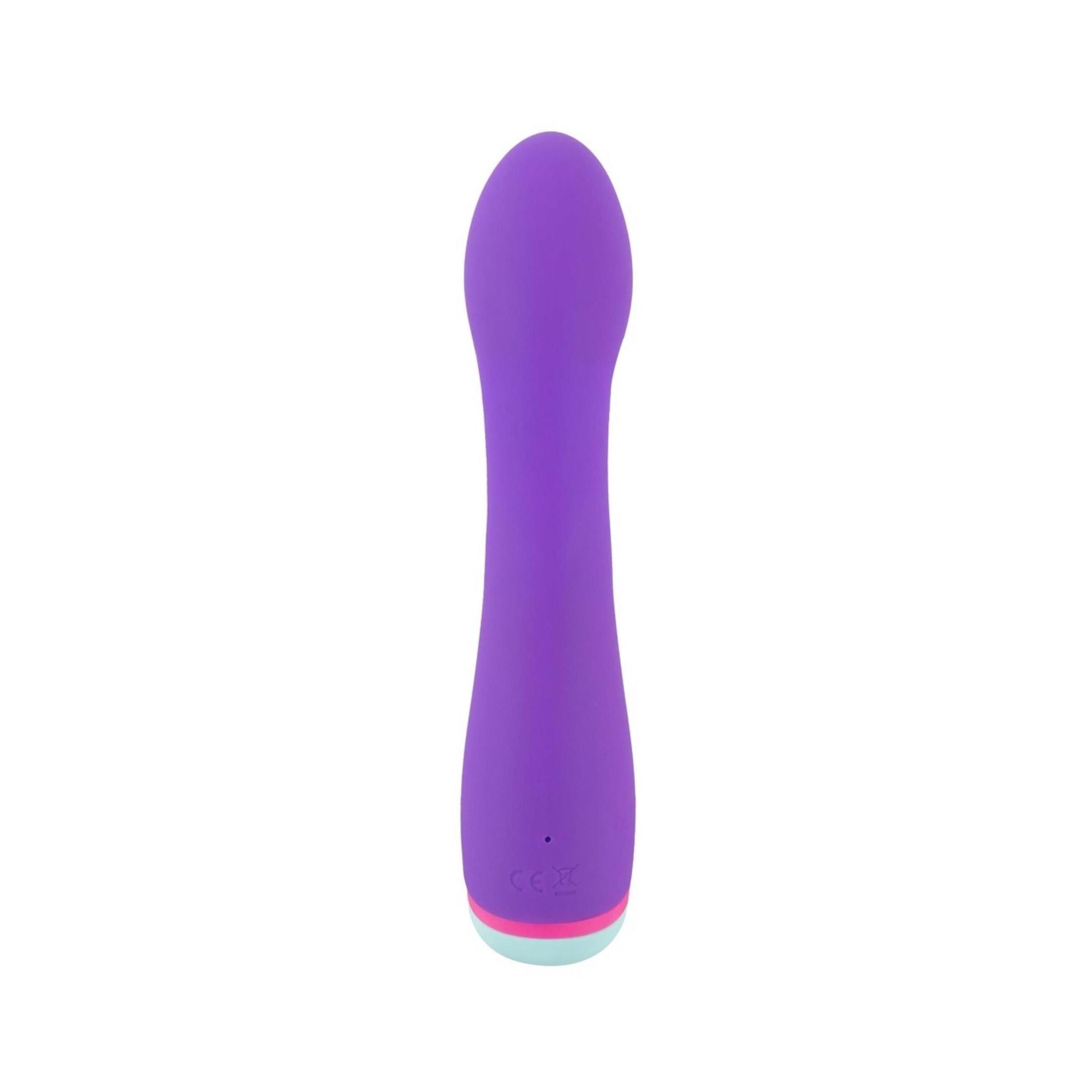 Gerader, lila Vibrator. Zwei Knöpfe, rosa und hellblauer Akzent am Ende.