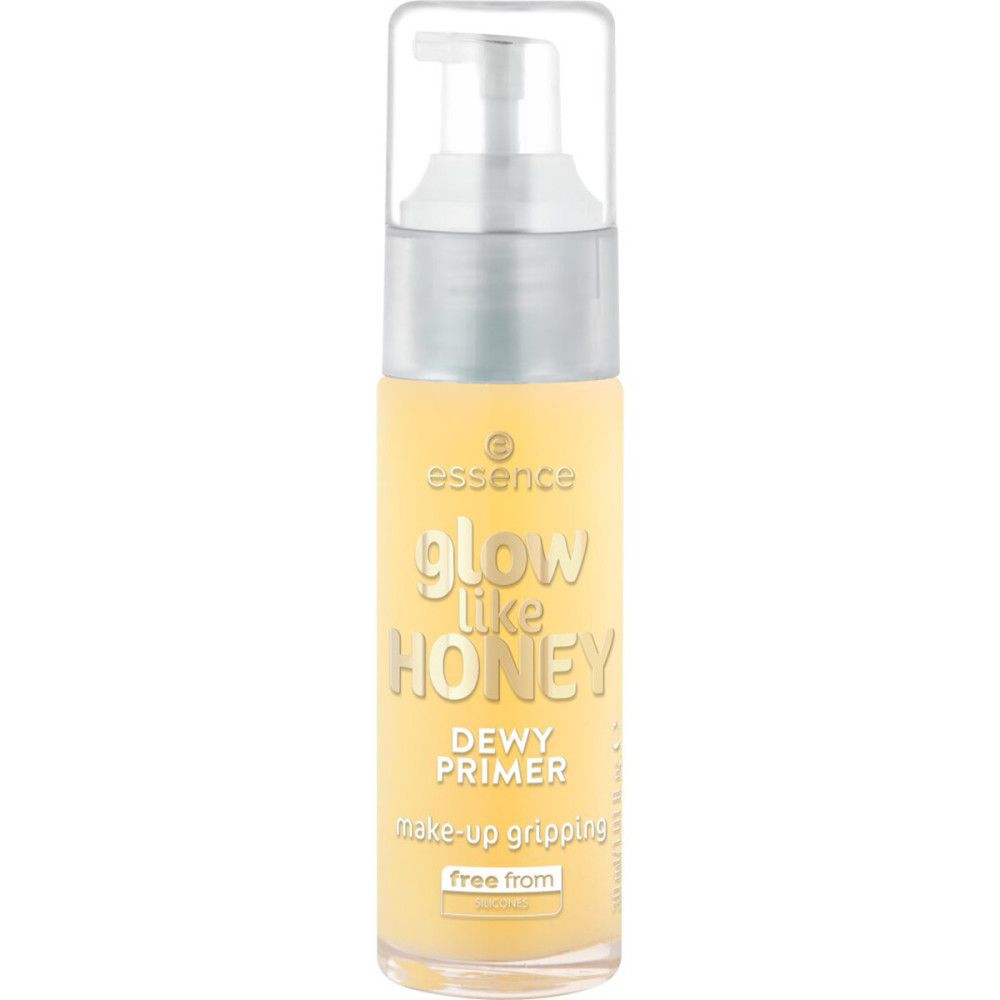Gelbe Flasche mit Pumpe. Aufschrift: glow like HONEY, DEWY PRIMER, make-up gripping, free from.