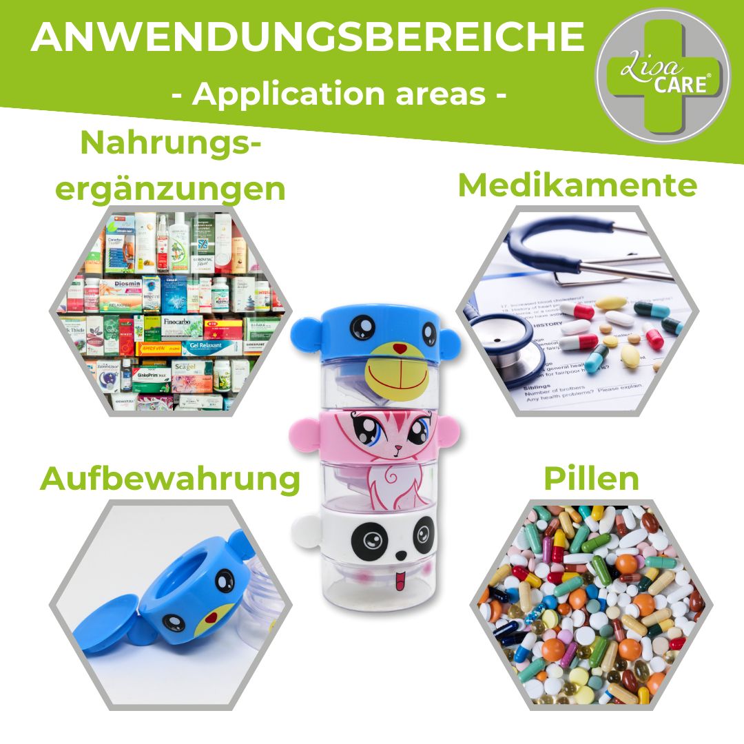 Anwendungsbereiche: Nahrungsergänzungen, Medikamente, Aufbewahrung, Pillen. Verschiedene Tablettenmörser-Designs.