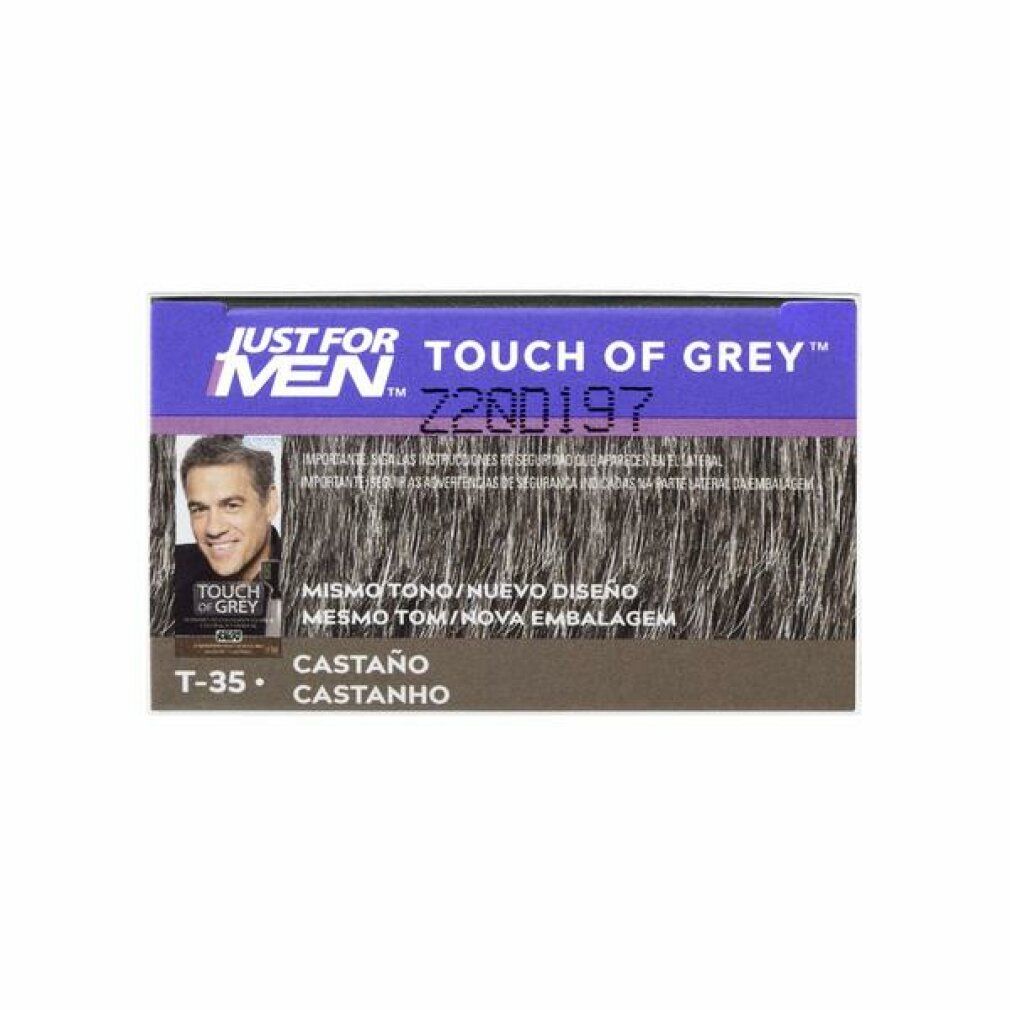 Produktverpackung "TOUCH OF GREY" von JUST FOR MEN. Zeigt einen Mann mit grauem Haar. Text: T-35, Castanho.