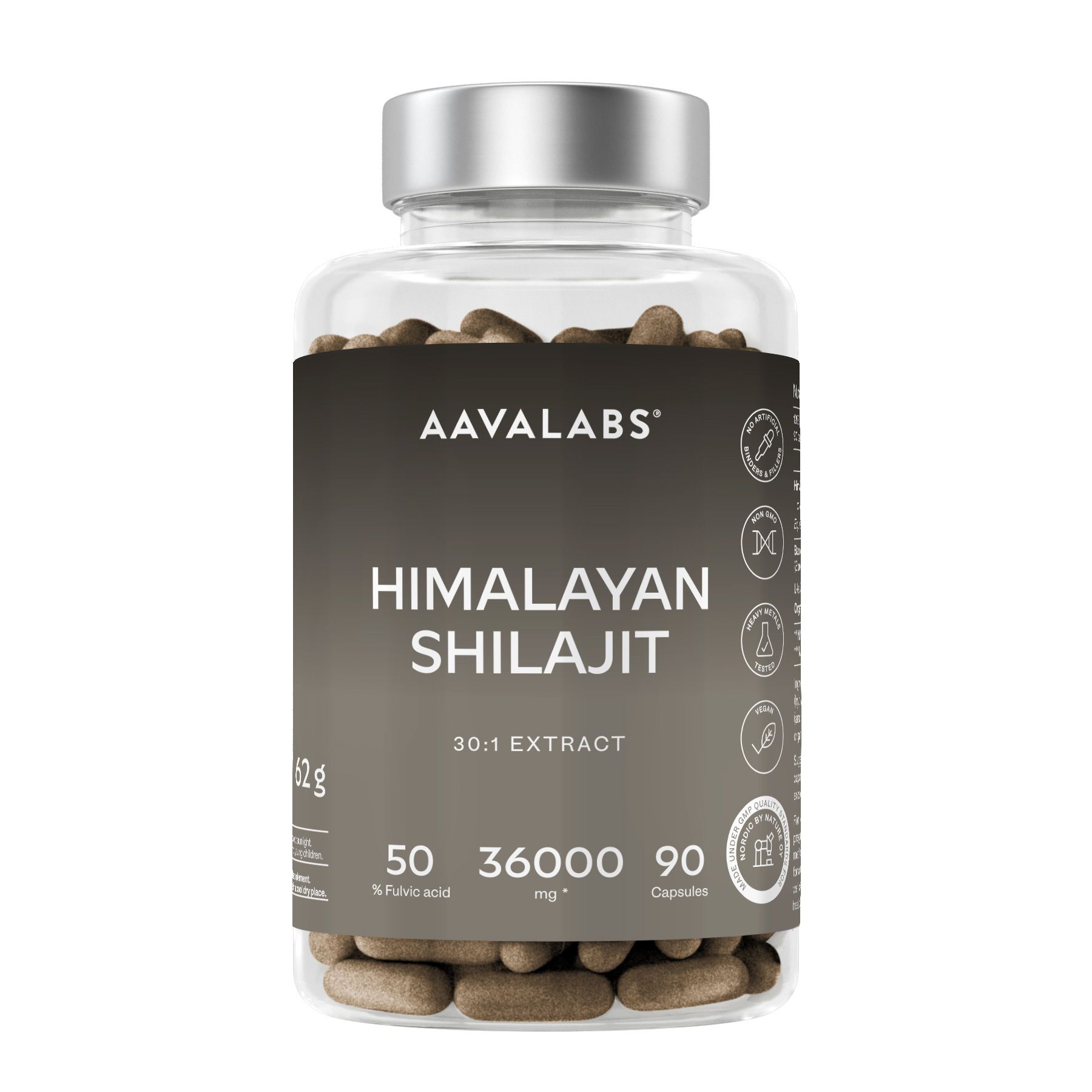Kapseln in einer transparenten Flasche mit silbernem Deckel. Aufschrift: AAVALABS, Himalaya Shilajit, 30:1 Extrakt.