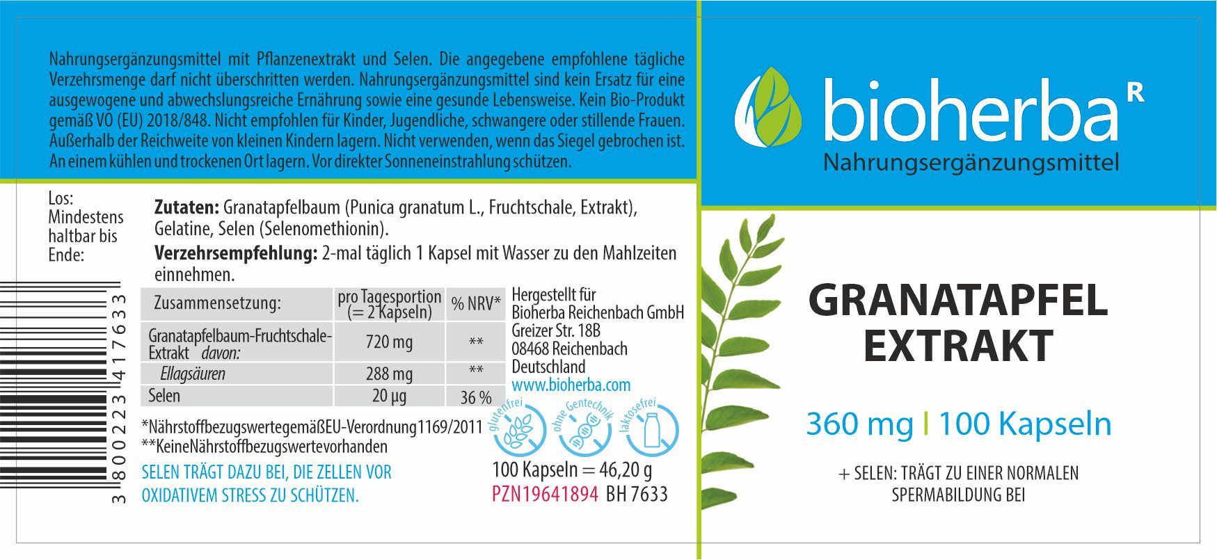 Etikett mit Produktname, Inhaltsstoffen und Nährwertangaben. Logo Bioherba.