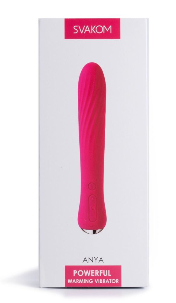 Verpackung mit pinkfarbenem Vibrator. Marke Svakom, Produktname Anya, Text: Powerful Warming Vibrator.
