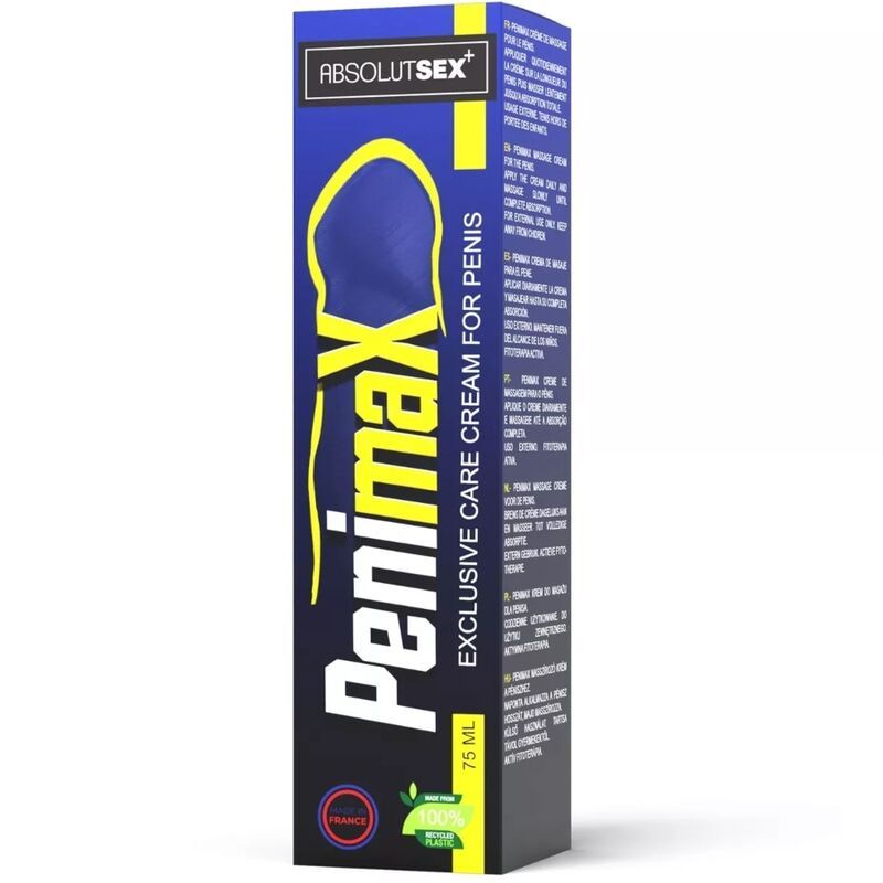 Schachtel mit Penimax-Aufschrift. 75 ml. Exklusive Pflegecreme für den Penis. Absolutsex Logo. Grünes Logo für recycelte Produkte.