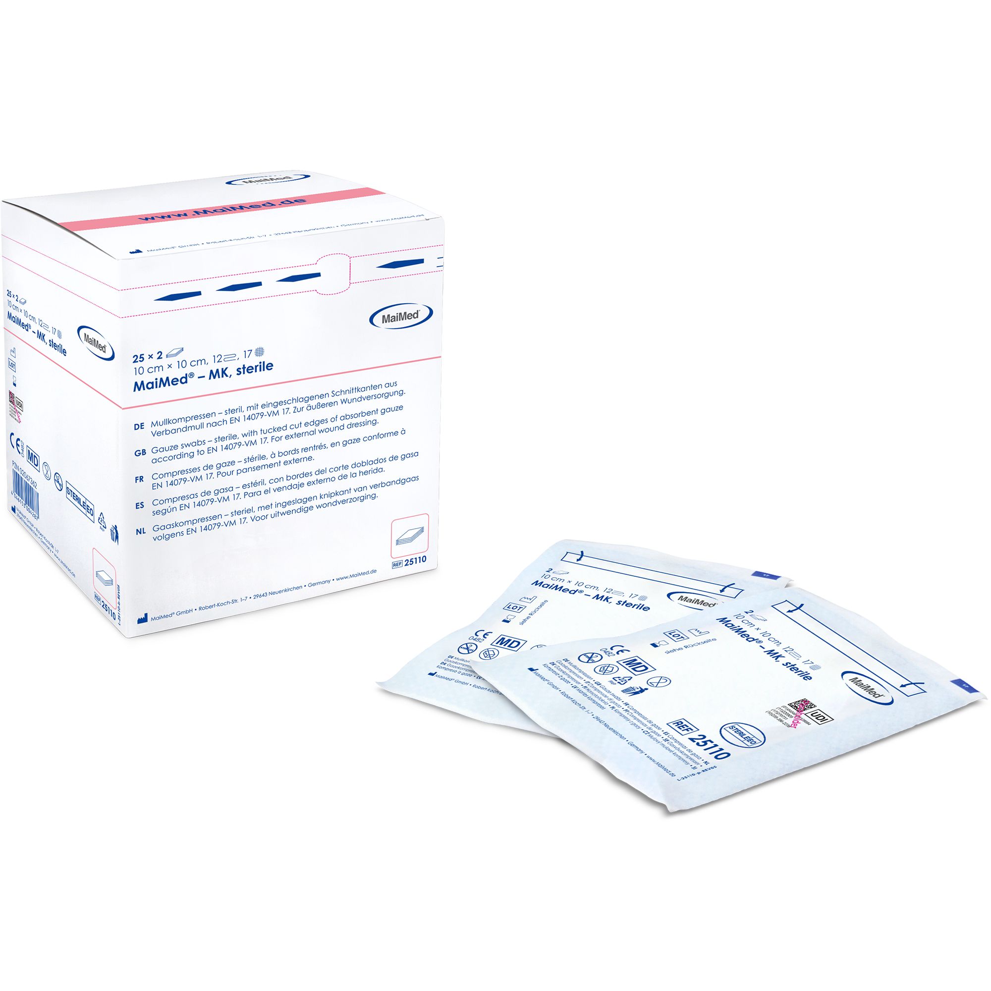 Verpackung und sterile Mullkompressen. Aufschrift: MaiMed, MK, steril. Box mit Produktinformationen. Einzeln verpackte Kompressen.