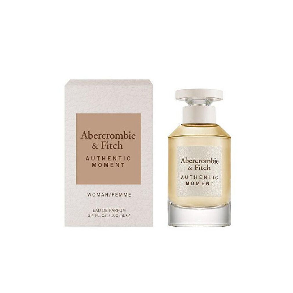 Parfümflakon und Verpackung. Aufschrift: Abercrombie & Fitch, Authentic Moment. Woman/Femme. Eau de Parfum.