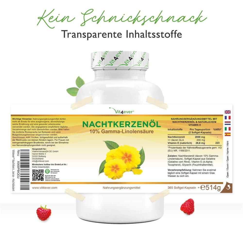 Flasche "vit4ever Nachtkerzenöl" mit Etikett. Text: "Nachtkerzenöl". Zusätzliche Informationen. Erdbeeren.
