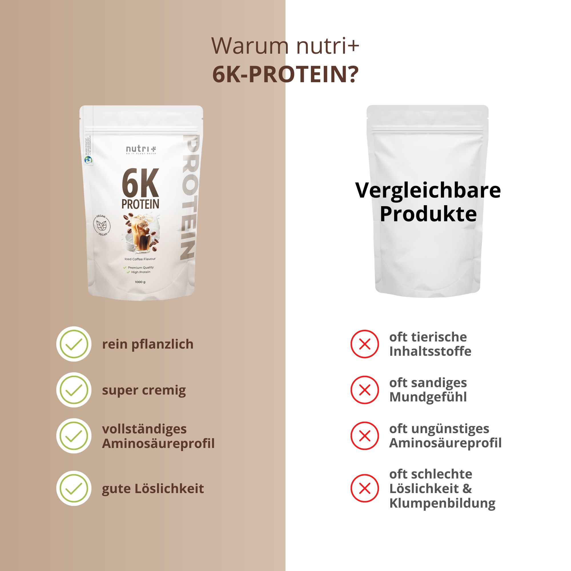 Italienische Infografik: Proteine 6K Pulver, Merkmale wie vegan, laktosefrei, ohne Zuckerzusatz.