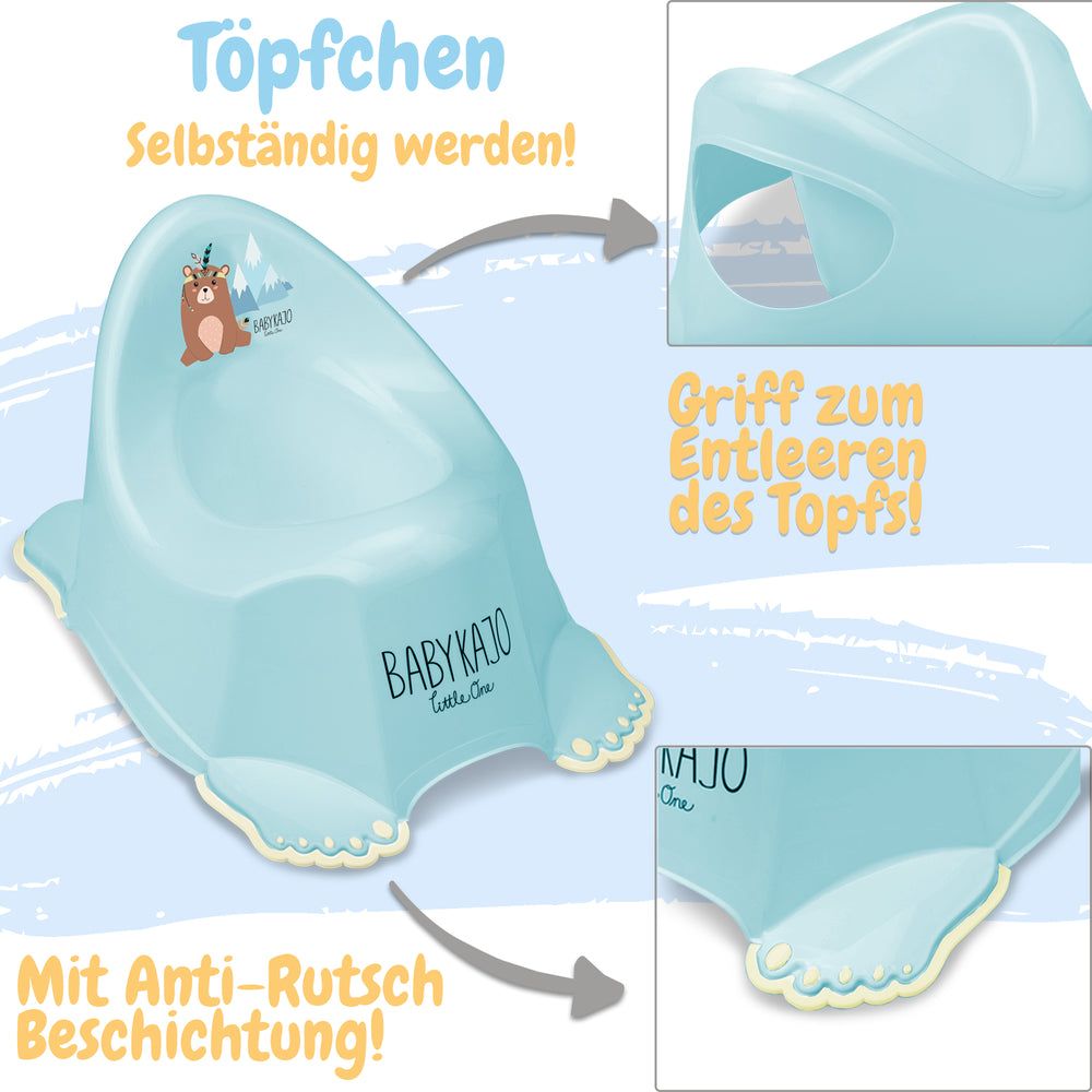 Hellblaues Töpfchen mit Fußform. Details: Anti-Rutsch-Beschichtung, Griff, Logo.