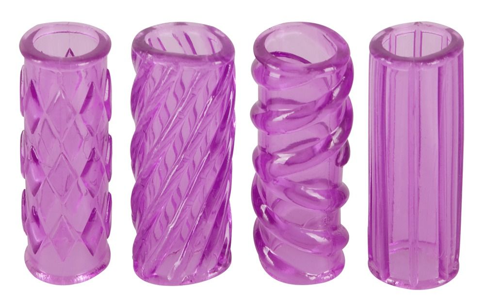 Vier transparente, lila Hülsen mit unterschiedlichen Oberflächenstrukturen.