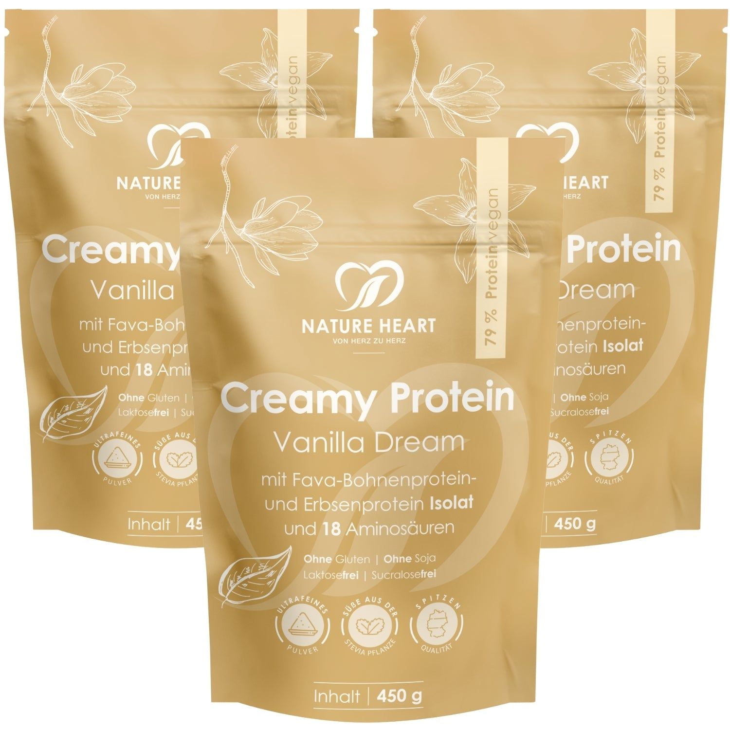 Nature Heart Creamy Protein Vanilla Dream, vier 450g Beutel. Proteinpulver mit Fava-Bohnen- und Erbsenprotein-Isolat.