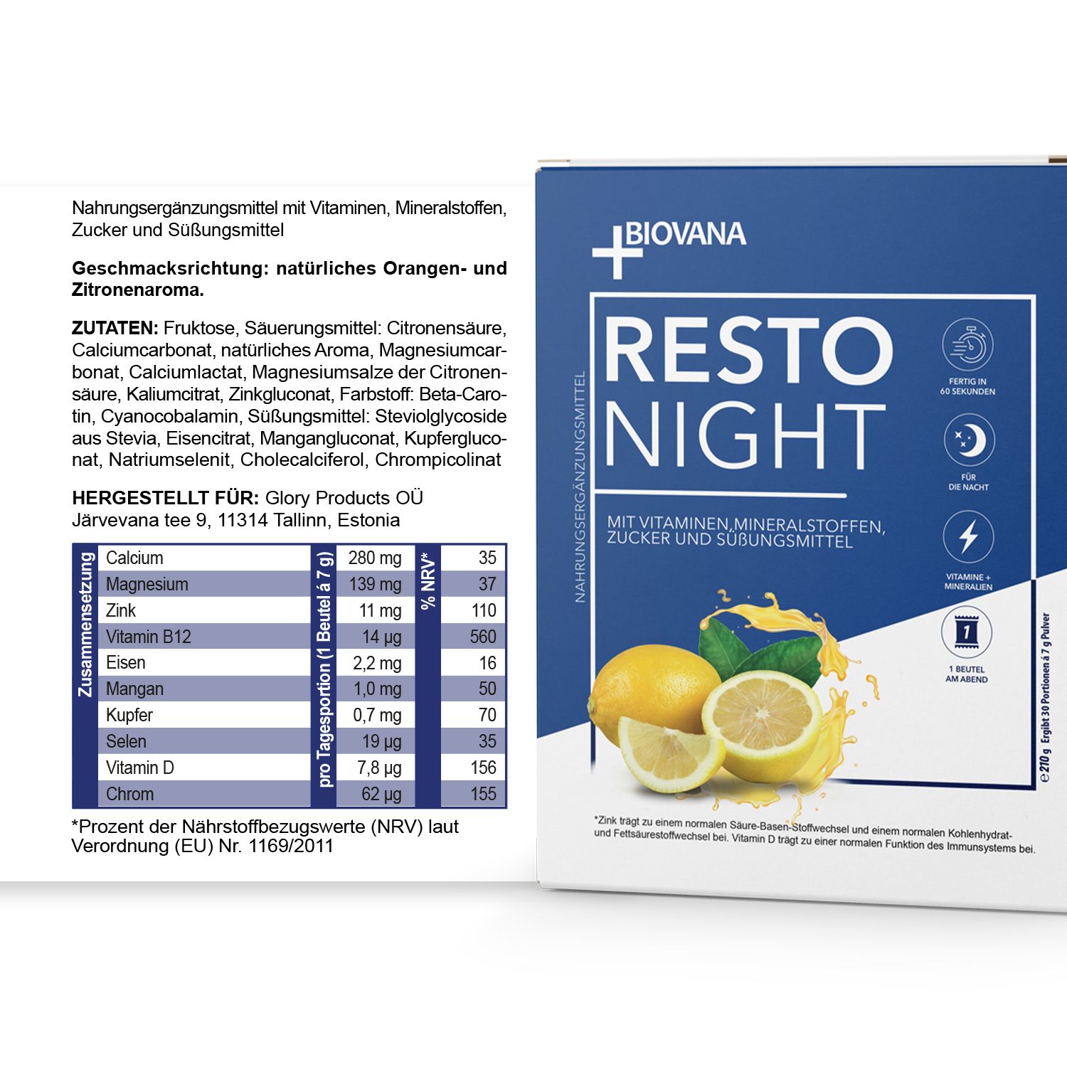 Resto Night-Box mit Produktlogo, Zitronen-Abbildung. Nährwertangaben und Zutatenliste.