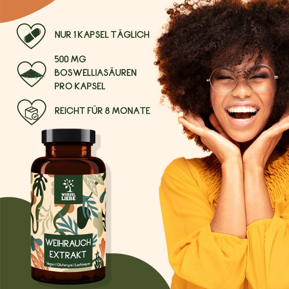 Braune Flasche mit Kapseln. Aufschrift: WURZELLIEBE Weihrauch Extrakt. Vegan, glutenfrei, laktosefrei. Frau lächelt.
