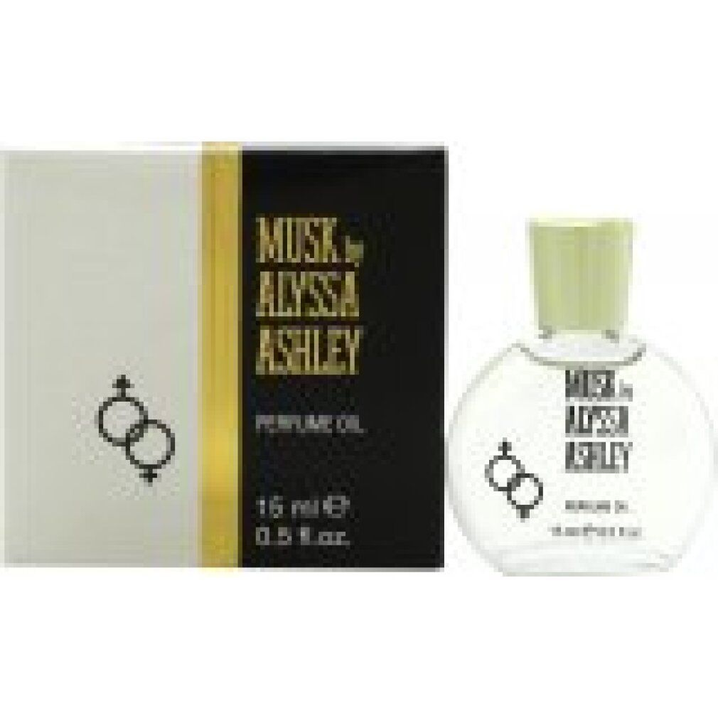 Produkt mit Verpackung. Flasche und Schachtel. Aufschrift: Musk by Alyssa Ashley, Parfume Öl. 15 ml, 0,5 fl.oz. Symbole Mann und Frau.