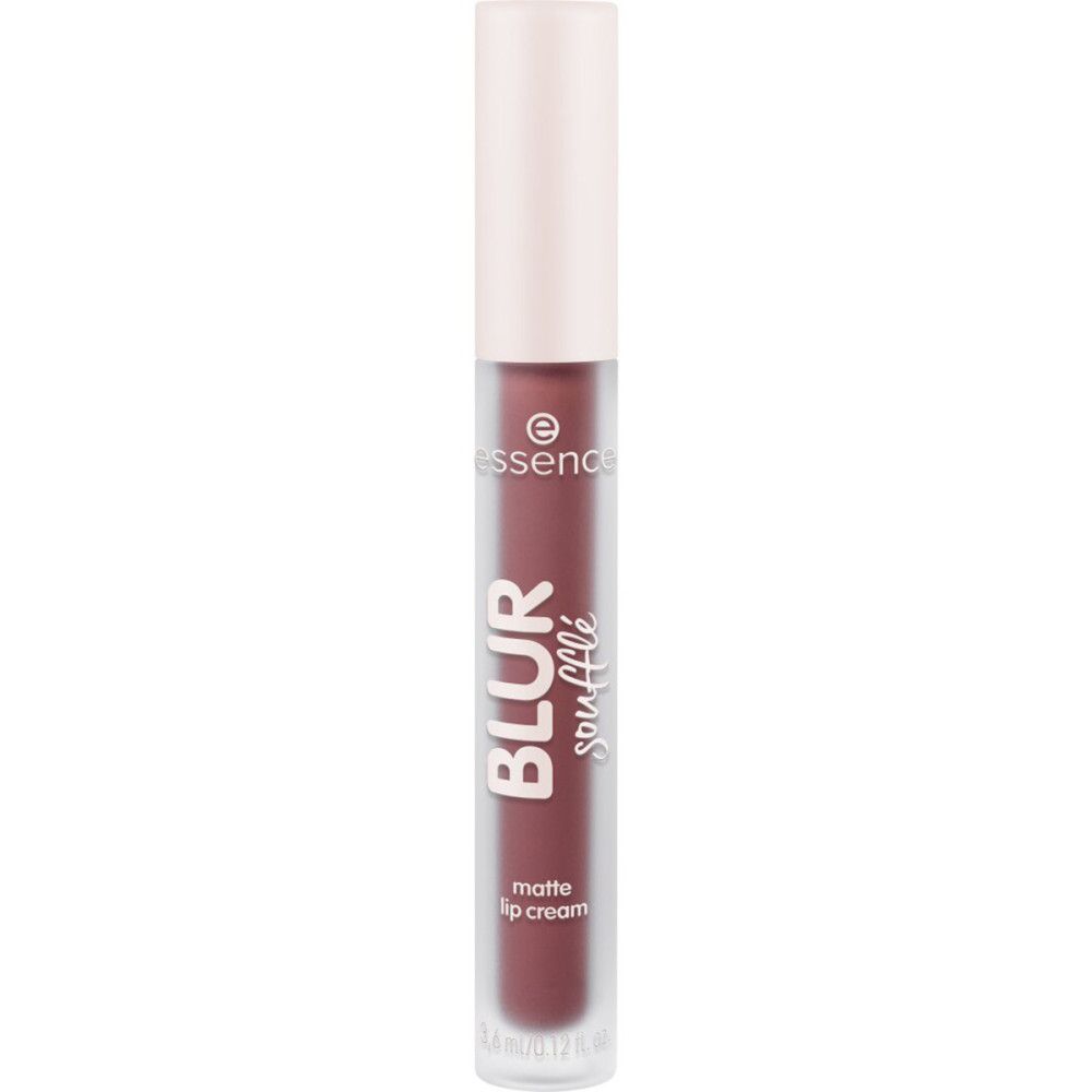 Lippencreme-Tube mit weißem Deckel. Aufschrift: BLUR soufflé, matte lip cream, Essence-Logo.