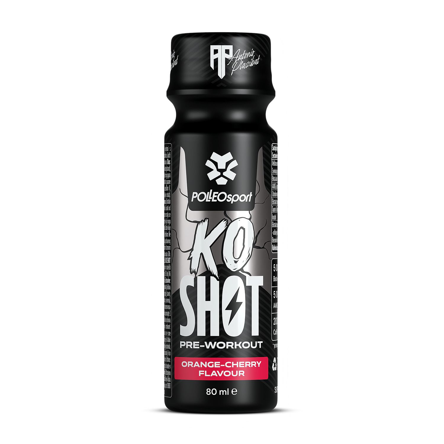Schwarze Flasche mit KO SHOT Pre-Workout. Orange-Kirsch-Geschmack. 80 ml. Polleo Sport Logo.