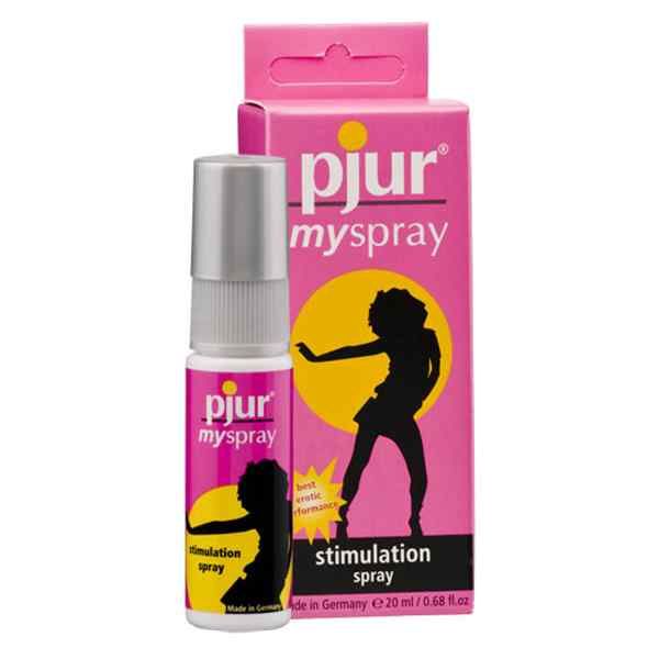 Rosa Verpackung mit Produkt und Flasche. Aufschrift: pjur myspray, Stimulation Spray. Flasche mit silbernem Sprühkopf.