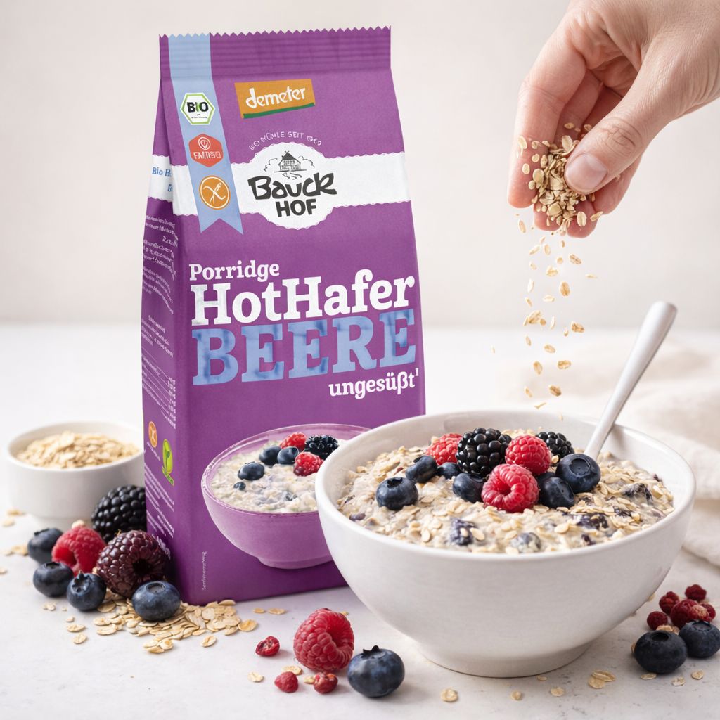 Bauckhof Hot Hafer Porridge mit Beeren, glutenfrei, Demeter-zertifiziert, in einer Schüssel mit Beeren und Haferflocken.