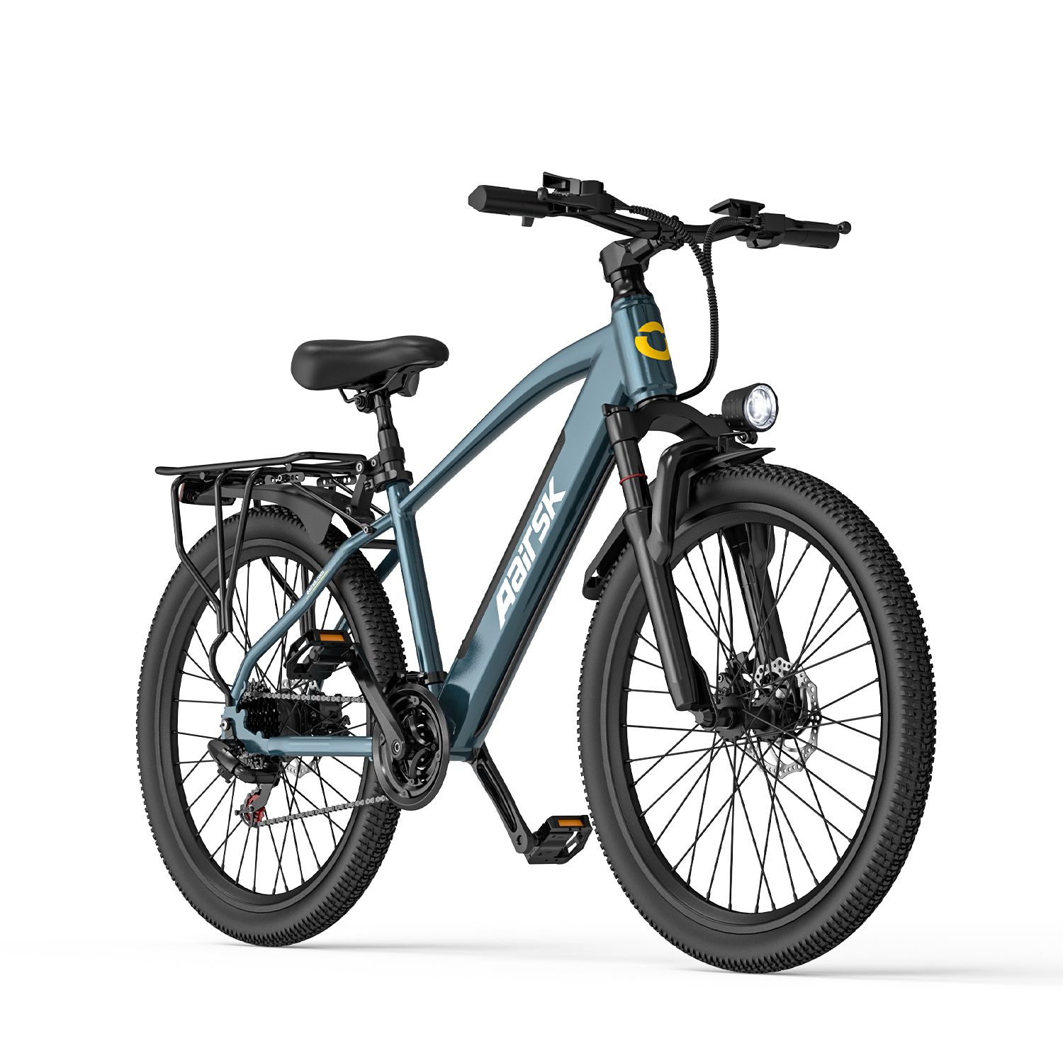 Blaues E-Bike mit schwarzem Rahmen, Gepäckträger und Scheinwerfer. Marke Aairsk.