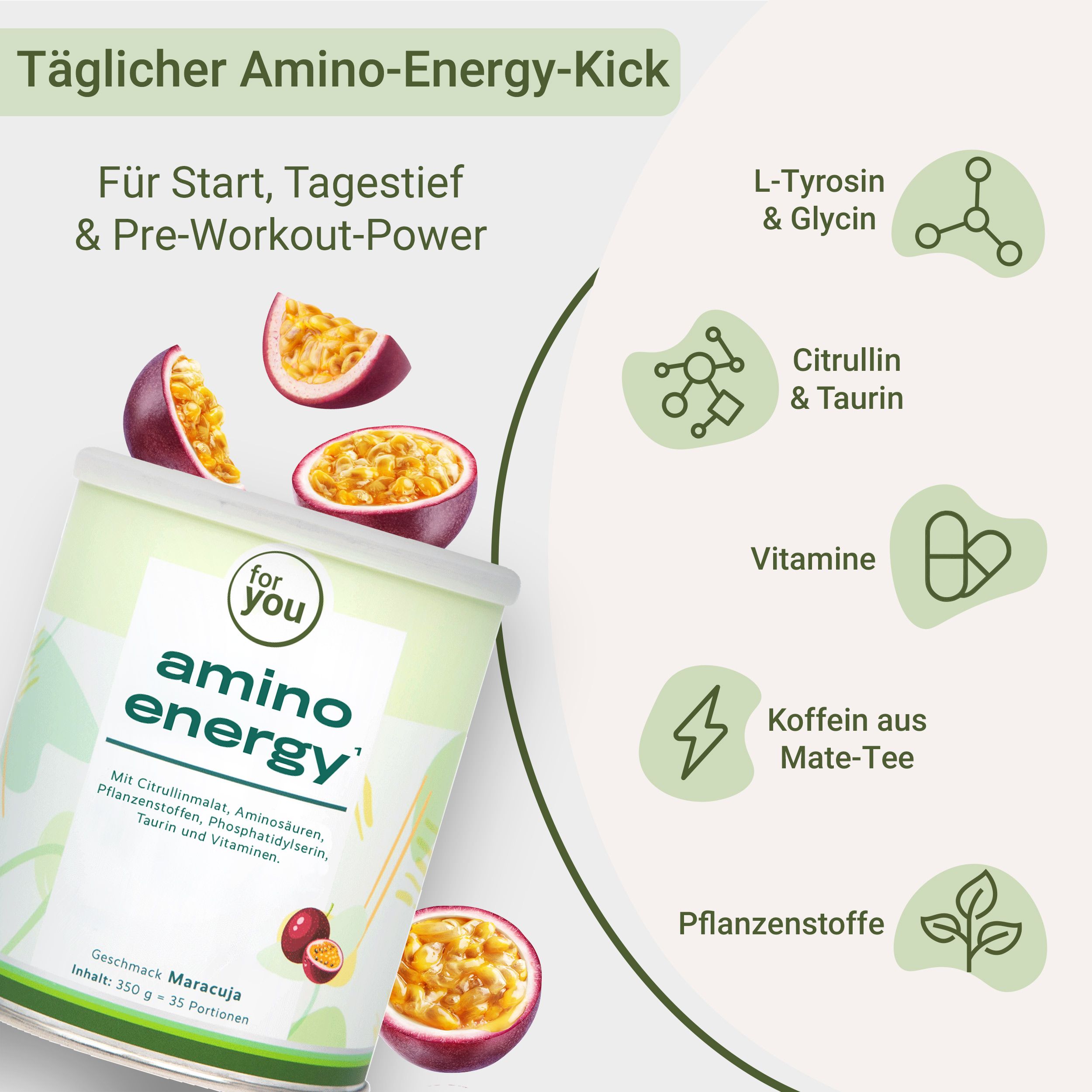 Dose 'amino energy' mit Passionsfrüchten, daneben Icons mit Inhaltsstoffen und Funktionen.