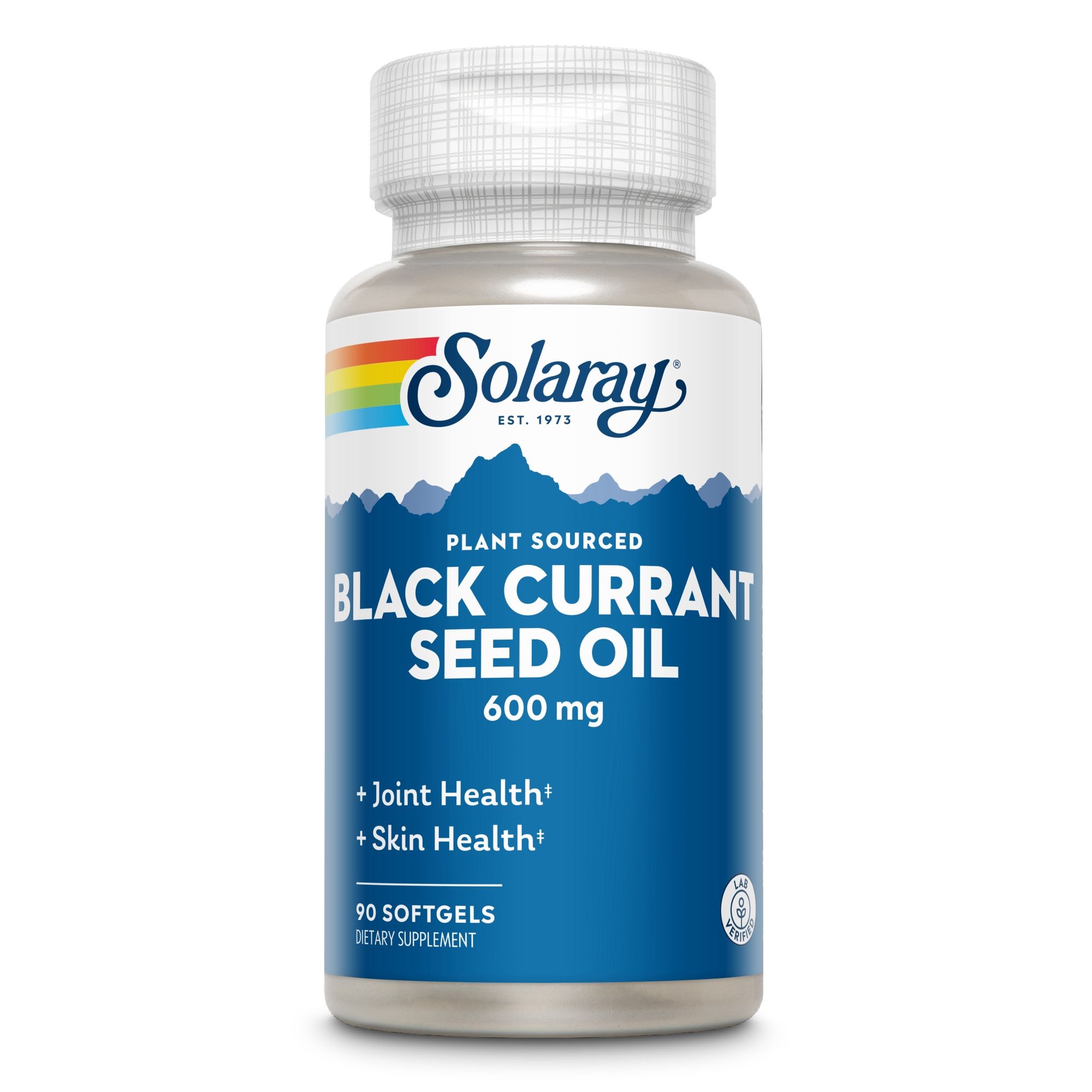 Solaray Black Currant Seed Oil, Flasche. 600 mg. 90 Softgels. Text: Joint Health, Skin Health. Weißer Deckel, blaue Beschriftung.
