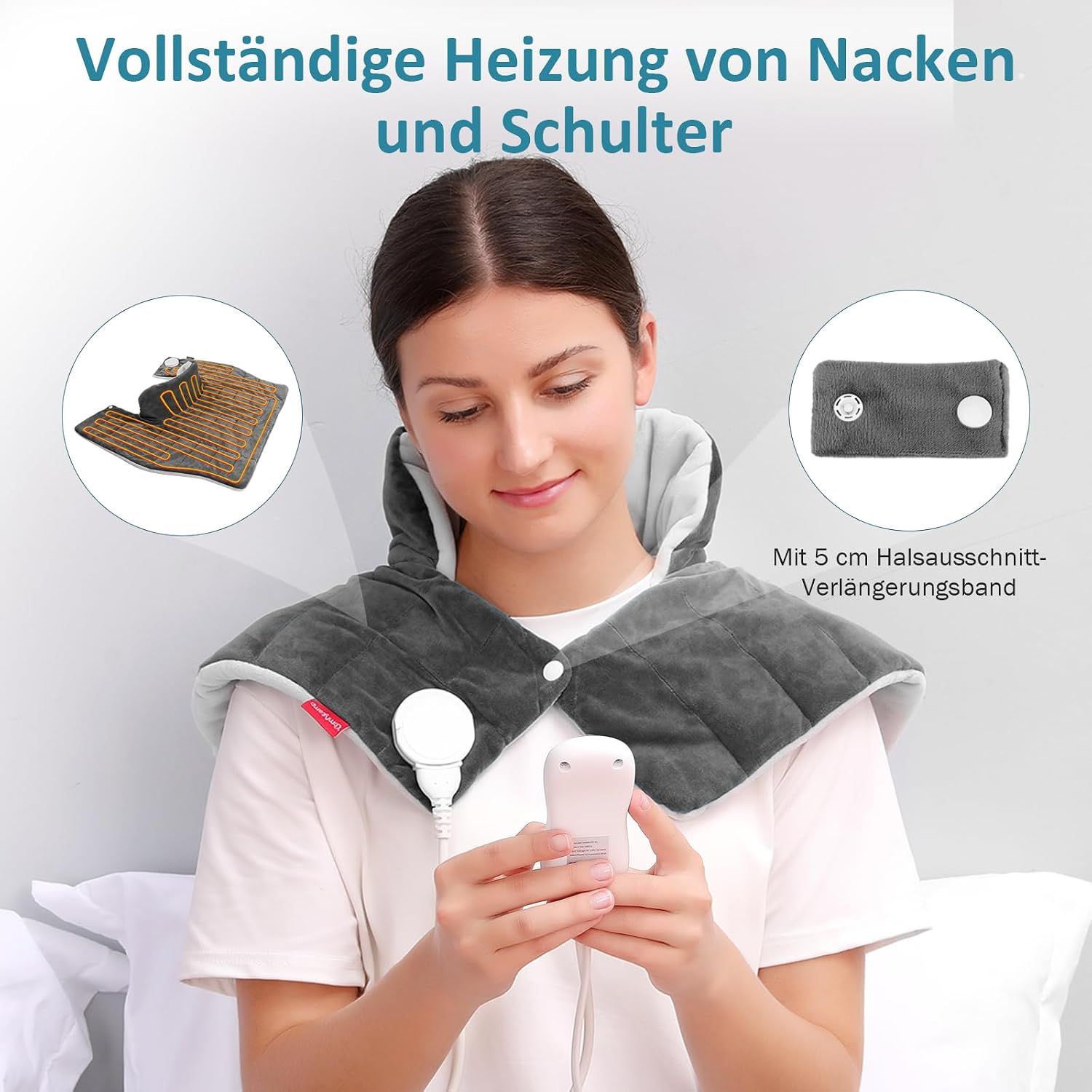 Grauer Heizschal für Nacken und Schultern, mit abnehmbarem Verlängerungsband und weißem Controller.