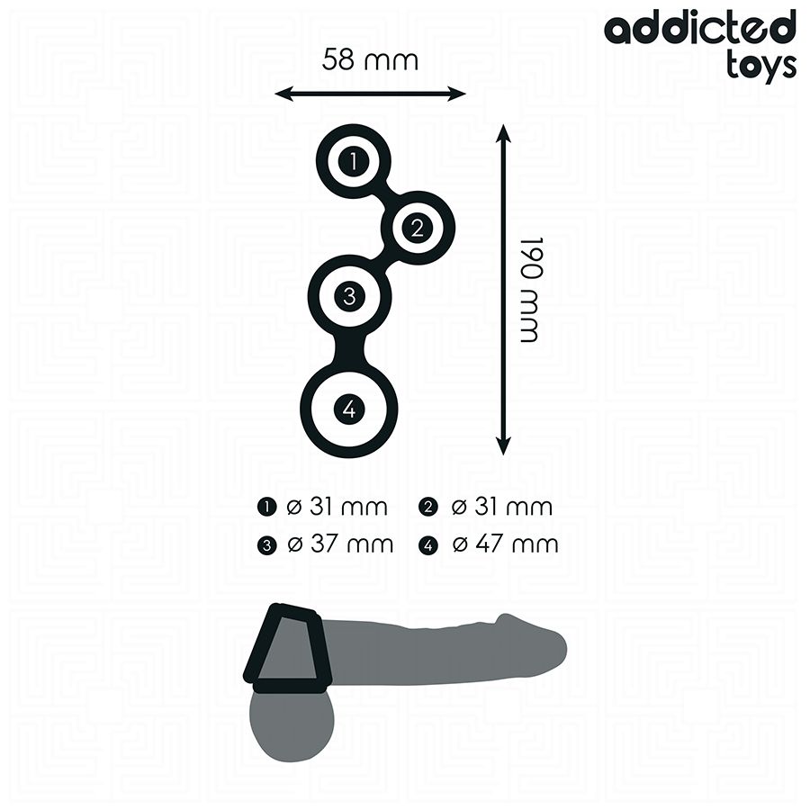 Zeichnung des Penisrings mit Hodenteilern. Abmessungen: 58 mm breit, 190 mm lang. Ringdurchmesser: 31, 31, 37, 47 mm.