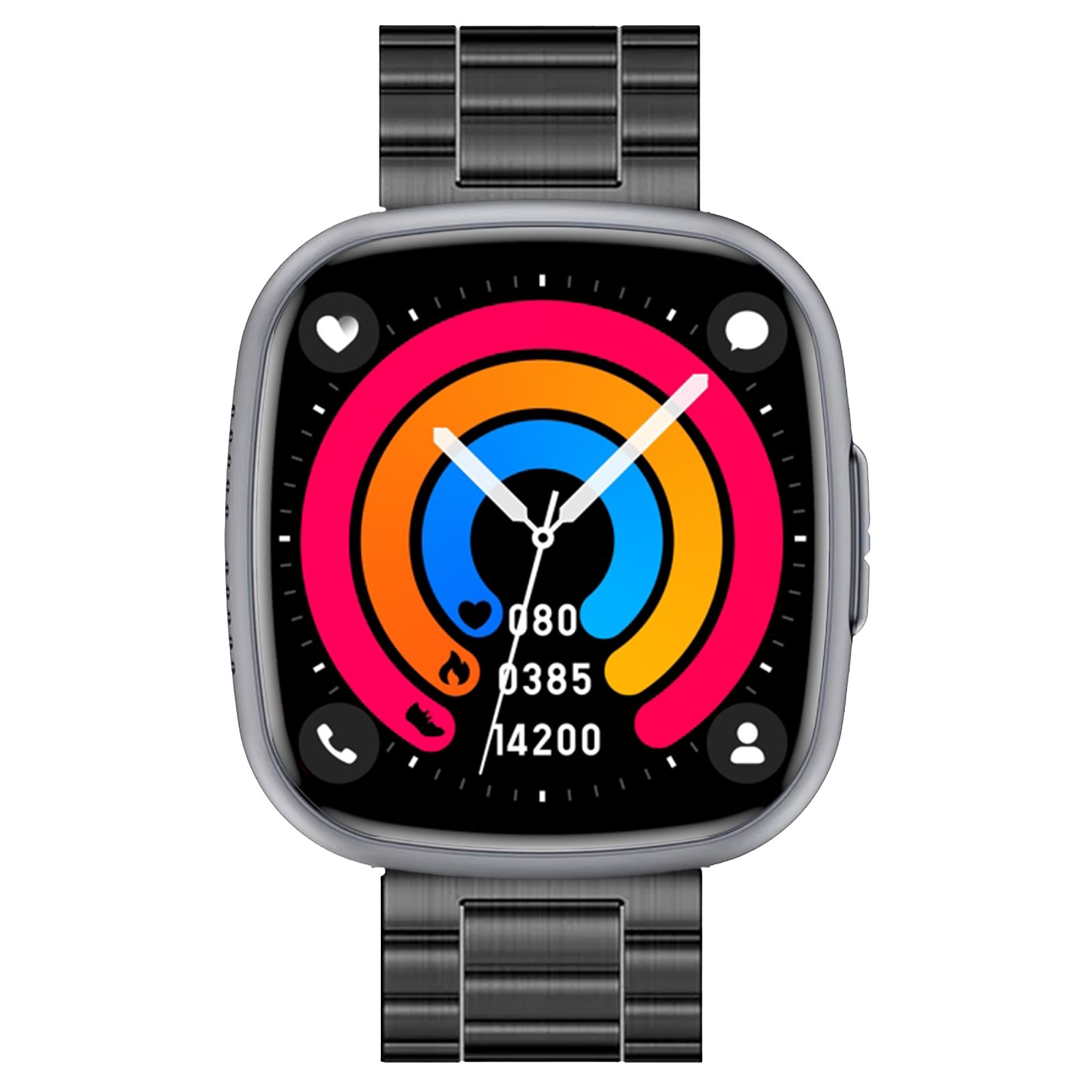 Draufsicht auf eine Smartwatch mit Metallarmband. Farbiger Touchscreen mit Gesundheitsdaten.