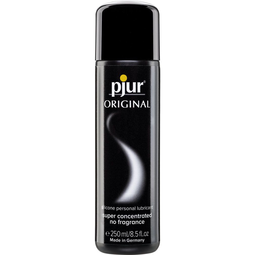 Schwarze Flasche mit gelbem Logo "pjur ORIGINAL". Text: "SILICONE-BASED PERSONAL LUBRICANT". "super concentrated no fragrance".