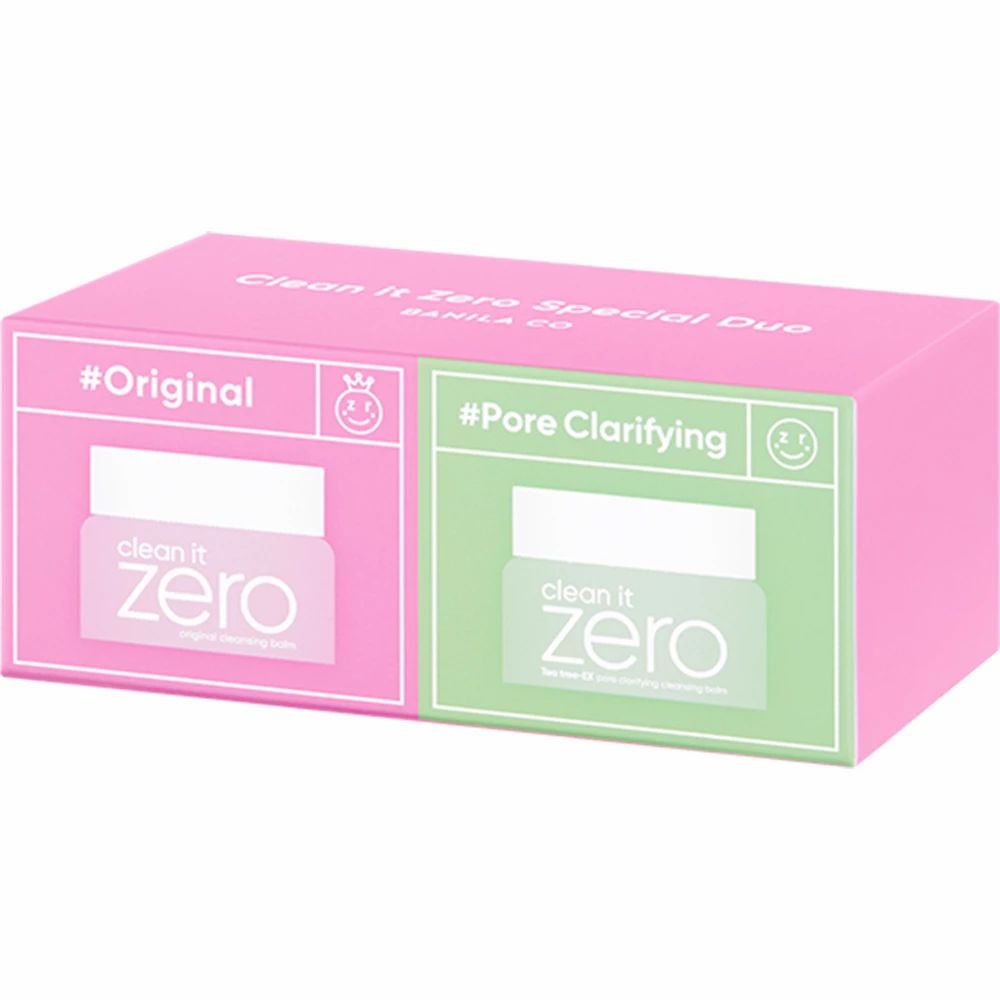 Zwei "Clean it Zero" Balsam-Reiniger in einer rosa-grünen Box: #Original und #Pore Clarifying.