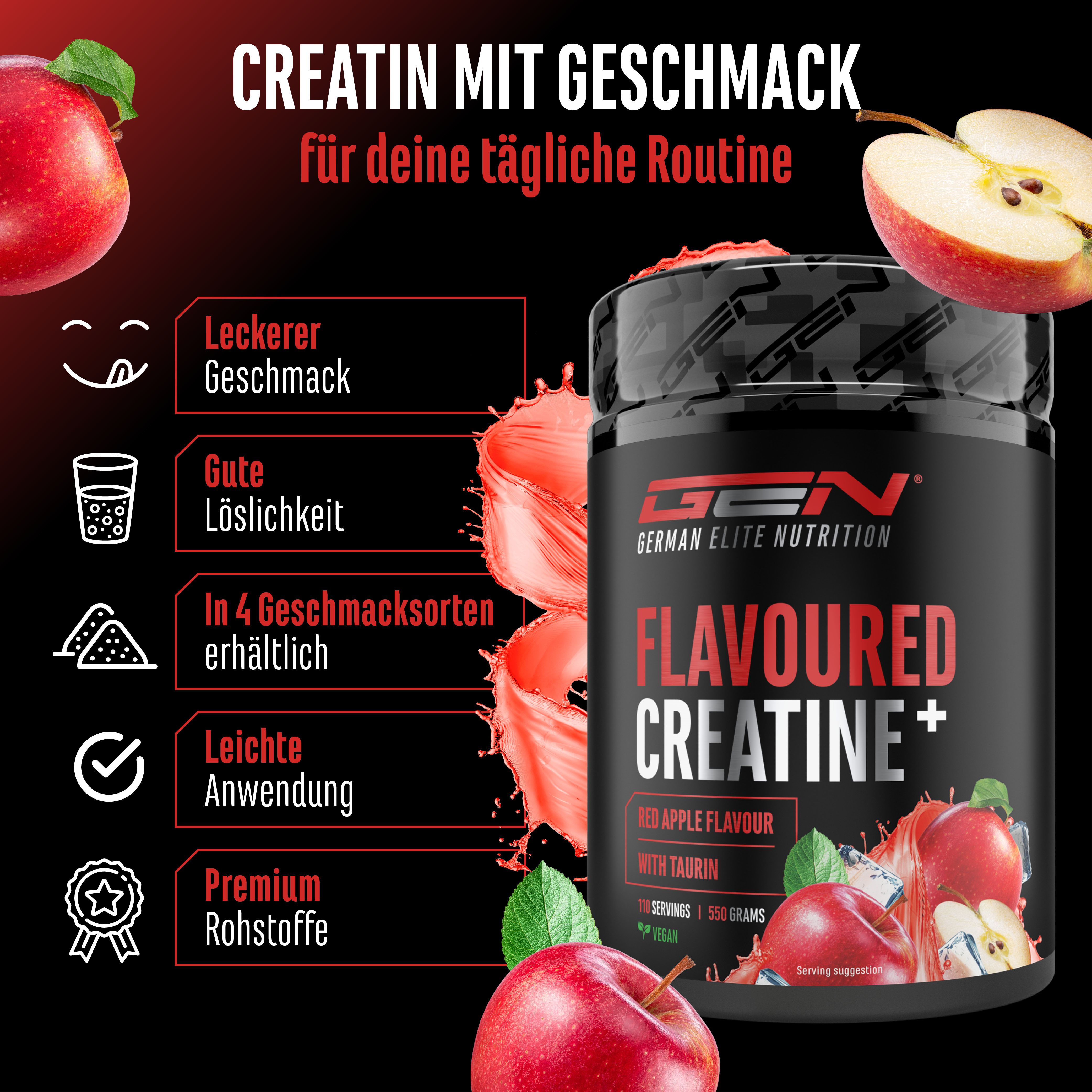 GEN Flavoured Creatine+ Dose mit rotem Apfel. Vorteile: Leckerer Geschmack, gute Löslichkeit, 4 Geschmacksrichtungen, einfache Anwendung.