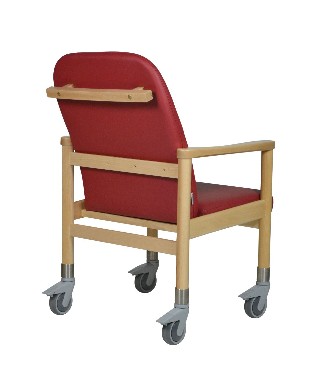 Stuhl mit Rollen, rote Sitzfläche und Holzrahmen. Rückseite mit Schiebegriff.