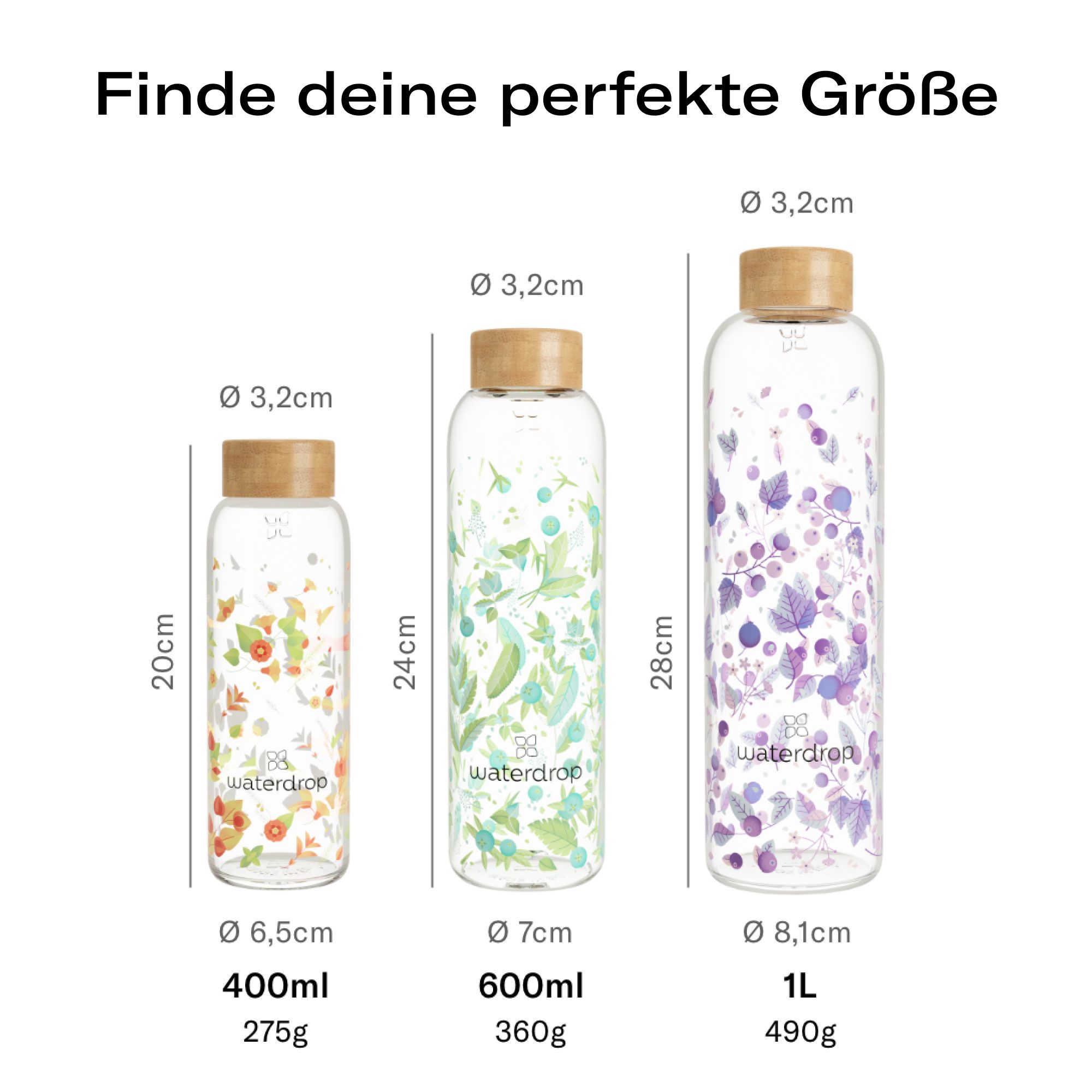Drei Glasflaschen mit floralen Mustern und Holzdeckeln. Größenangaben: 400ml, 600ml, 1L. Durchmesser und Höhe angegeben.