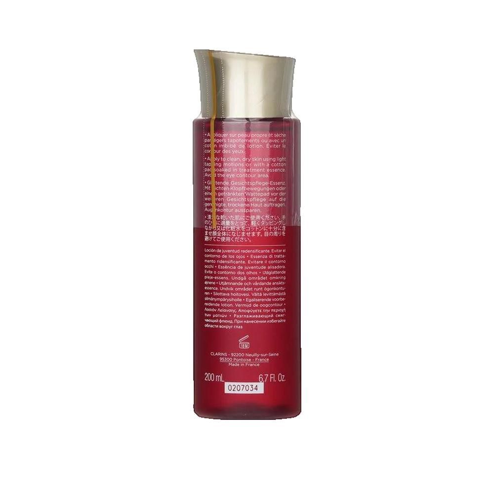 Rote Flasche mit goldfarbenem Deckel. Rückseite mit Text. Text: CLARINS, 200 ml, 6.7 fl.oz.