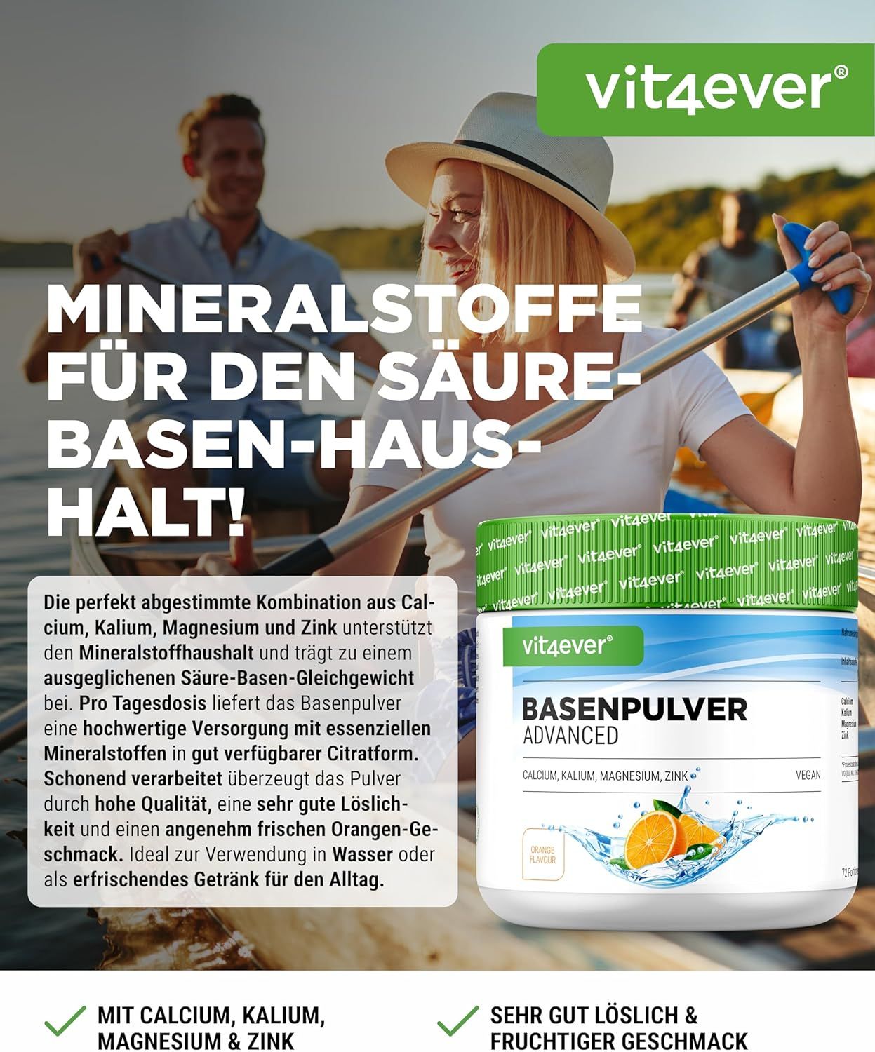 Vit4ever Basenpulver Advanced Dose, umgeben von Wasserspritzern und Orangenscheiben.