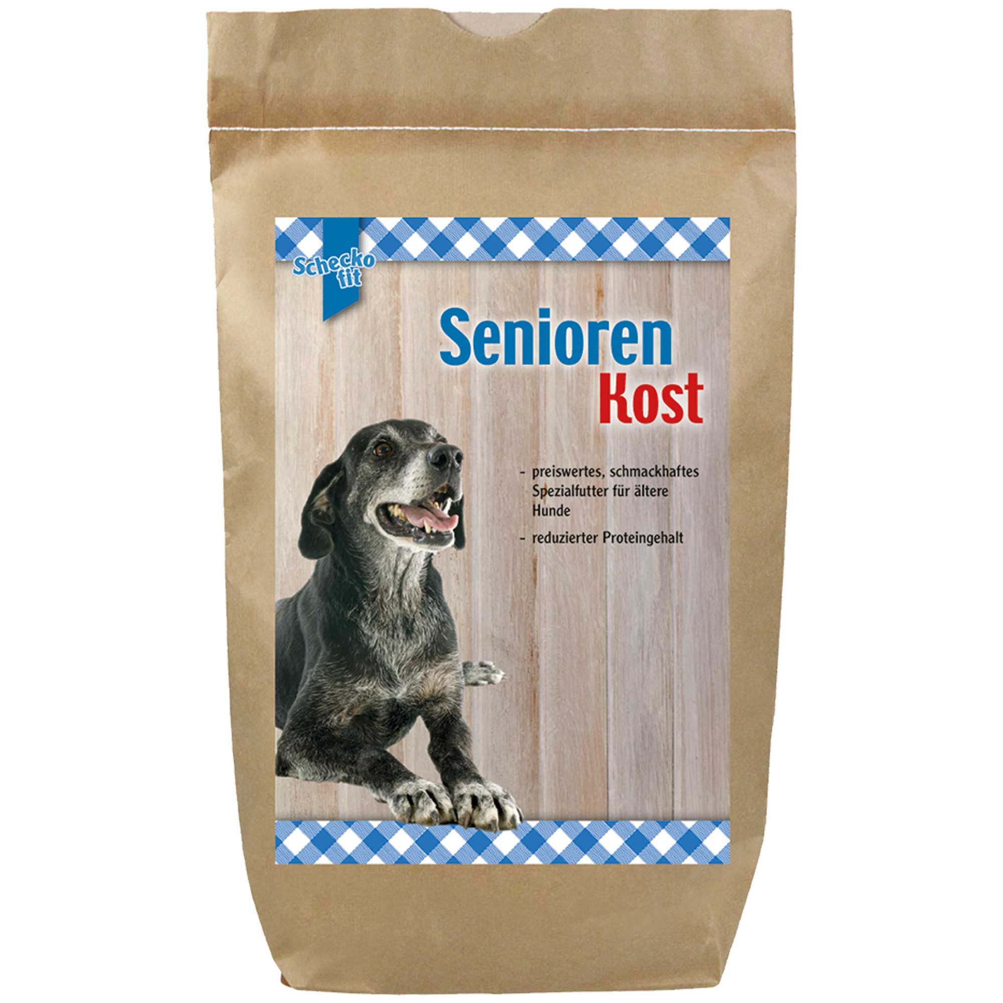 Beutel mit Trockenfutter für ältere Hunde. Aufdruck mit Hund, Schriftzug 'Senioren Kost' und 'Schecker'.