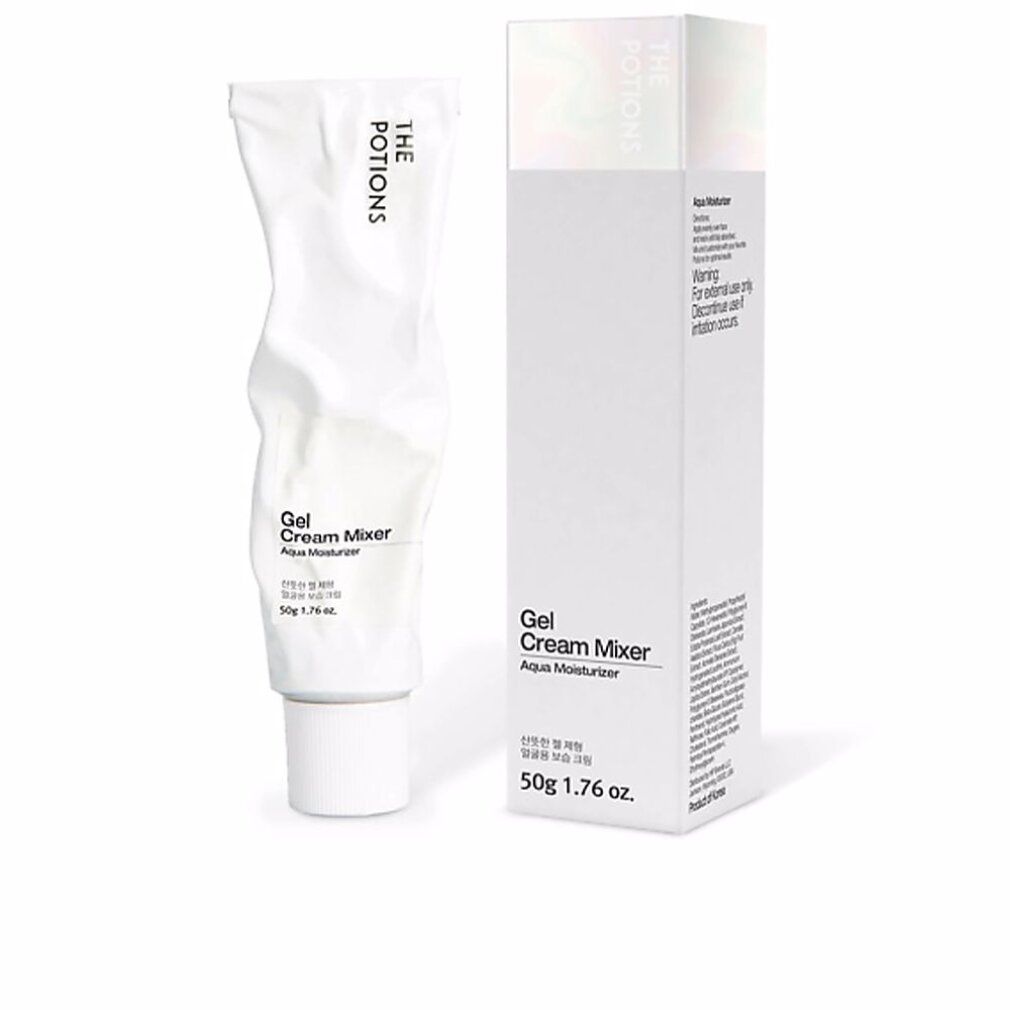 Weiße Tube und Verpackung. Aufschrift: THE POTIONS, Gel Cream Mixer, Aqua Moisturizer. 50g 1.76 fl. oz. Text auf Verpackung.